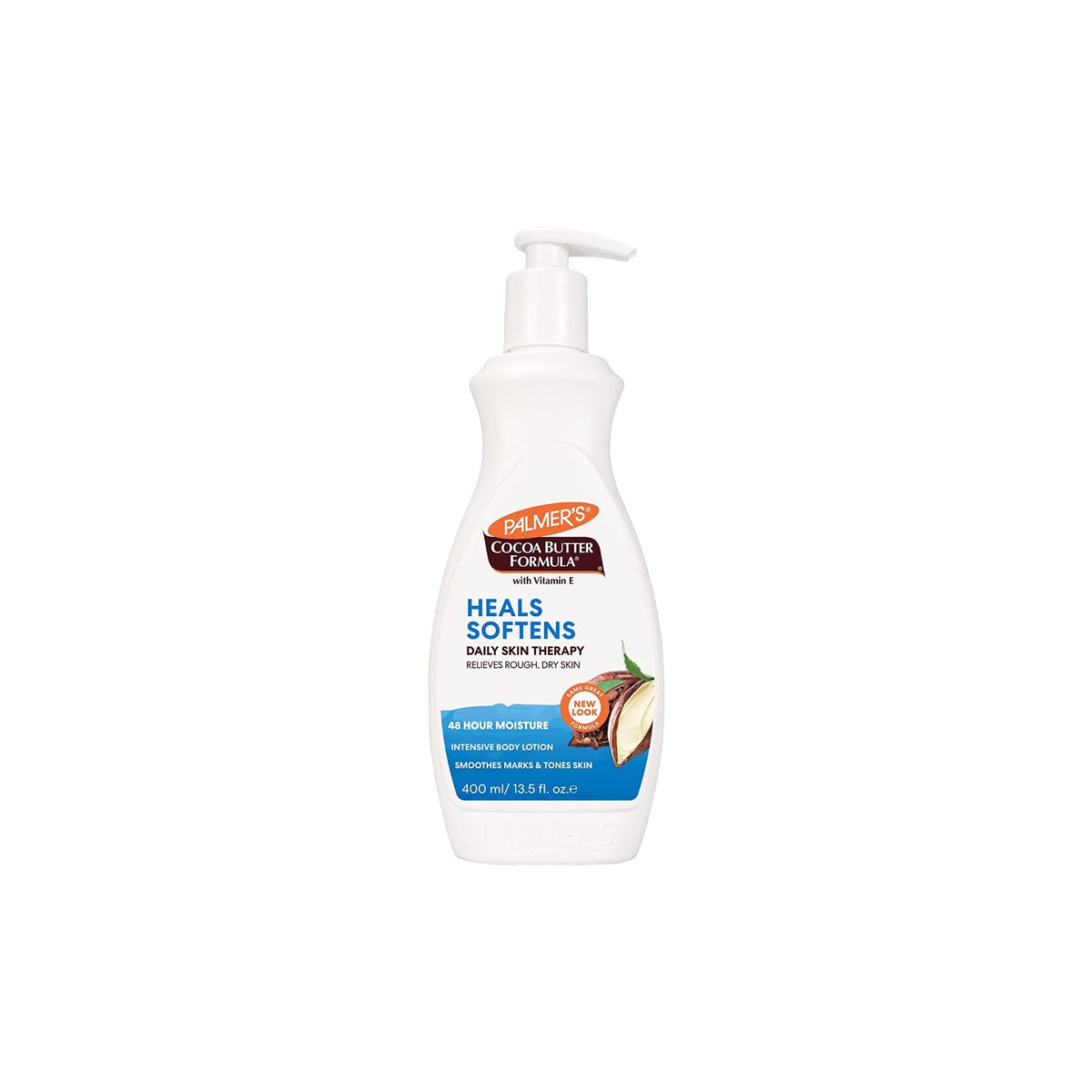 White pump bottle with Palmer's Cocoa Butter Formula Intensive Body Lotion. Designed to soothe rough and dry skin.