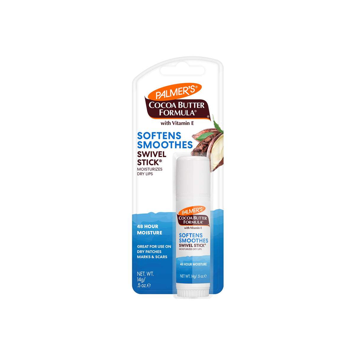 Packaging with Palmer's Cocoa Butter Formula Moisturizing Swivel Stick. Contains a white stick for lip care with cocoa butter and vitamin E.