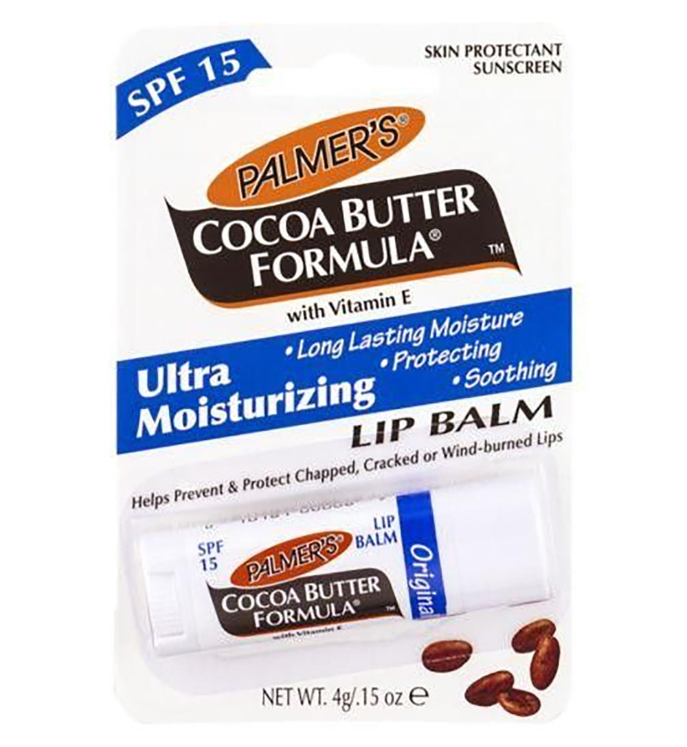Pack of Palmer's Cocoa Butter Formula Ultra Moisturizing Lip Balm SPF 15. Contains a white lip balm. With cocoa butter and vitamin E.