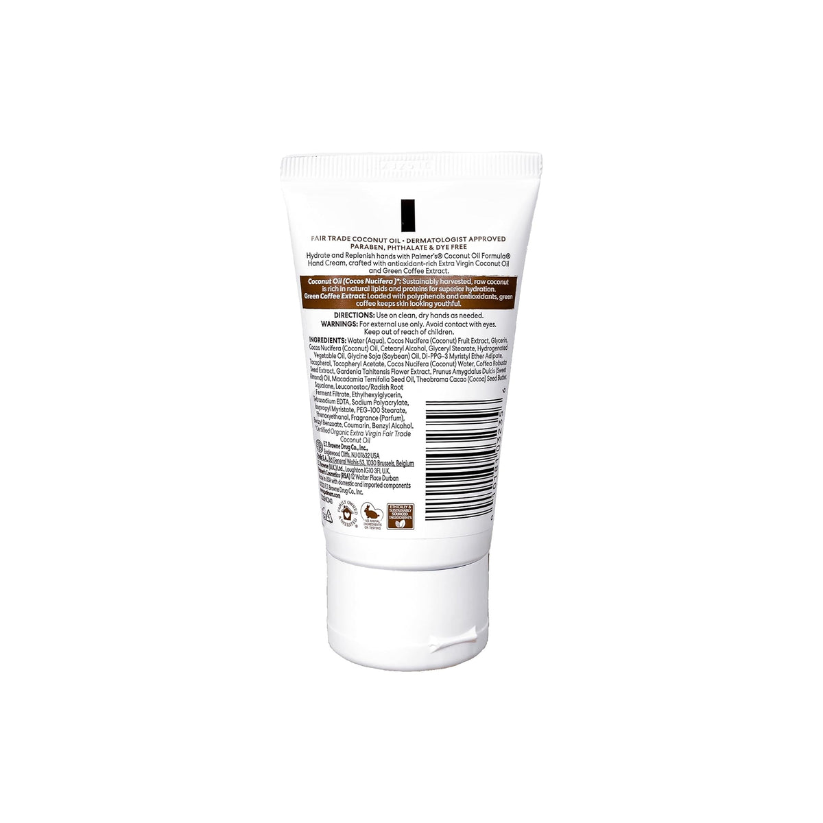 Back of a white tube of Palmer's Coconut Oil Formula Hydrate Hand Cream. The label contains detailed information about the product.