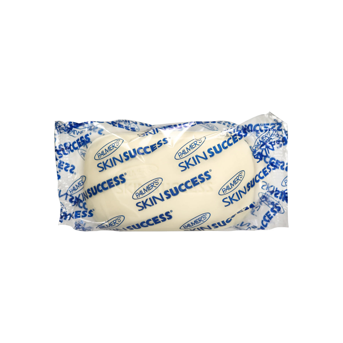 A white soap from the Palmer's Skin Success range, wrapped in transparent plastic. The soap has several imprints of the brand 'Palmer's Skin Success' on both sides.