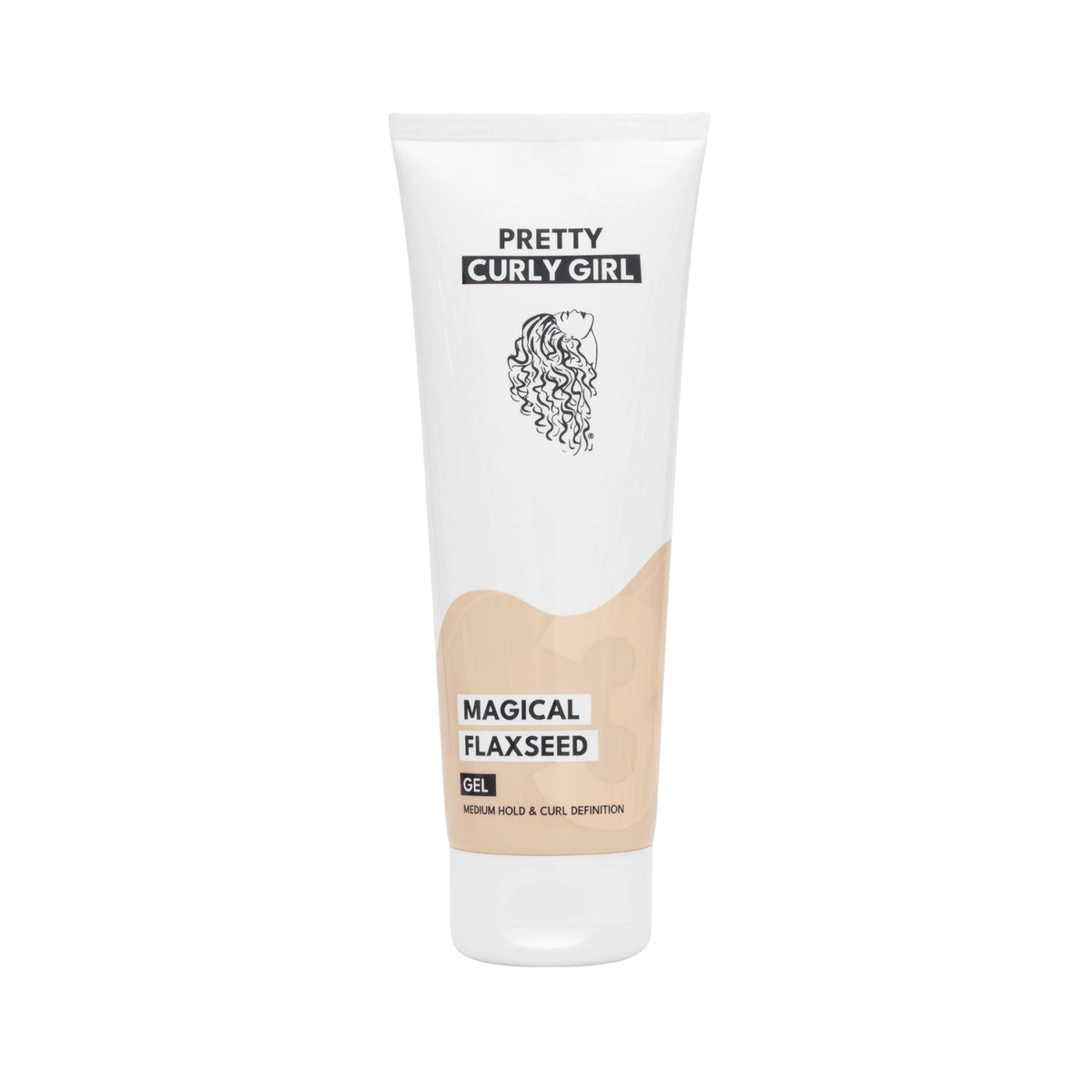 Pretty Curly Girl Magical Flaxseed Gel tube in white and beige with curly hair illustration, medium hold and curl definition.