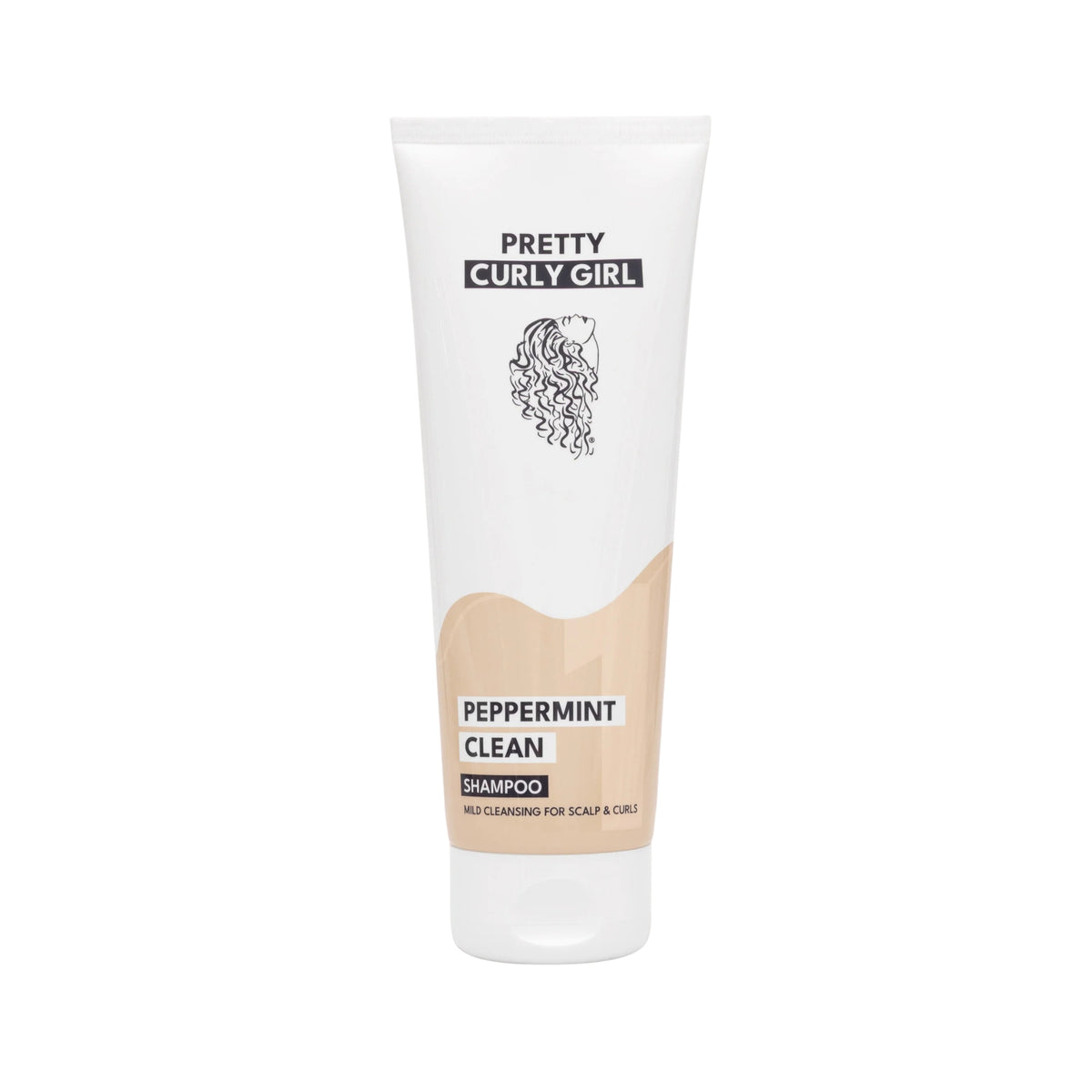 Pretty Curly Girl Peppermint Clean Shampoo in white tube with beige label for gentle cleansing of scalp and curls.