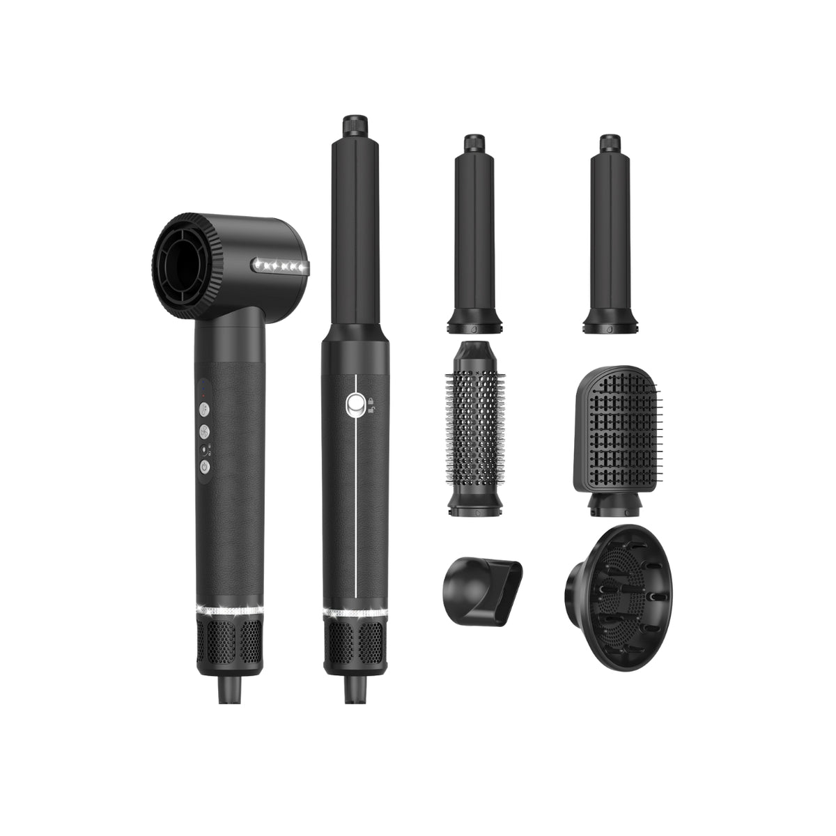 Black 7-in-1 multi-styler with main unit and multiple interchangeable styling heads, including curling iron, brush heads, diffuser and air nozzle, shown on white background.