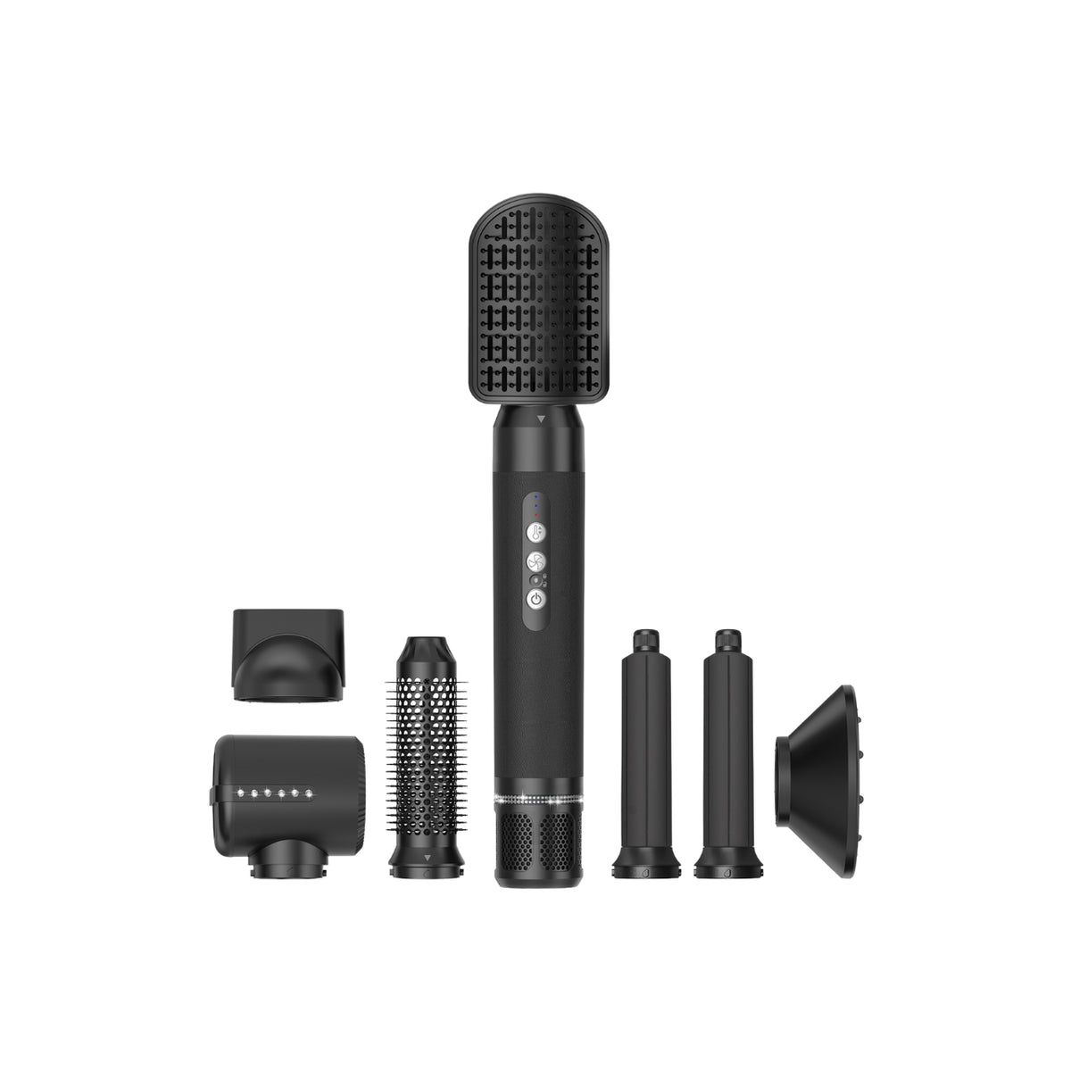 Black 7-in-1 multi-styler with main unit and multiple interchangeable styling heads, including curling iron, brush heads, diffuser and air nozzle, shown on white background.