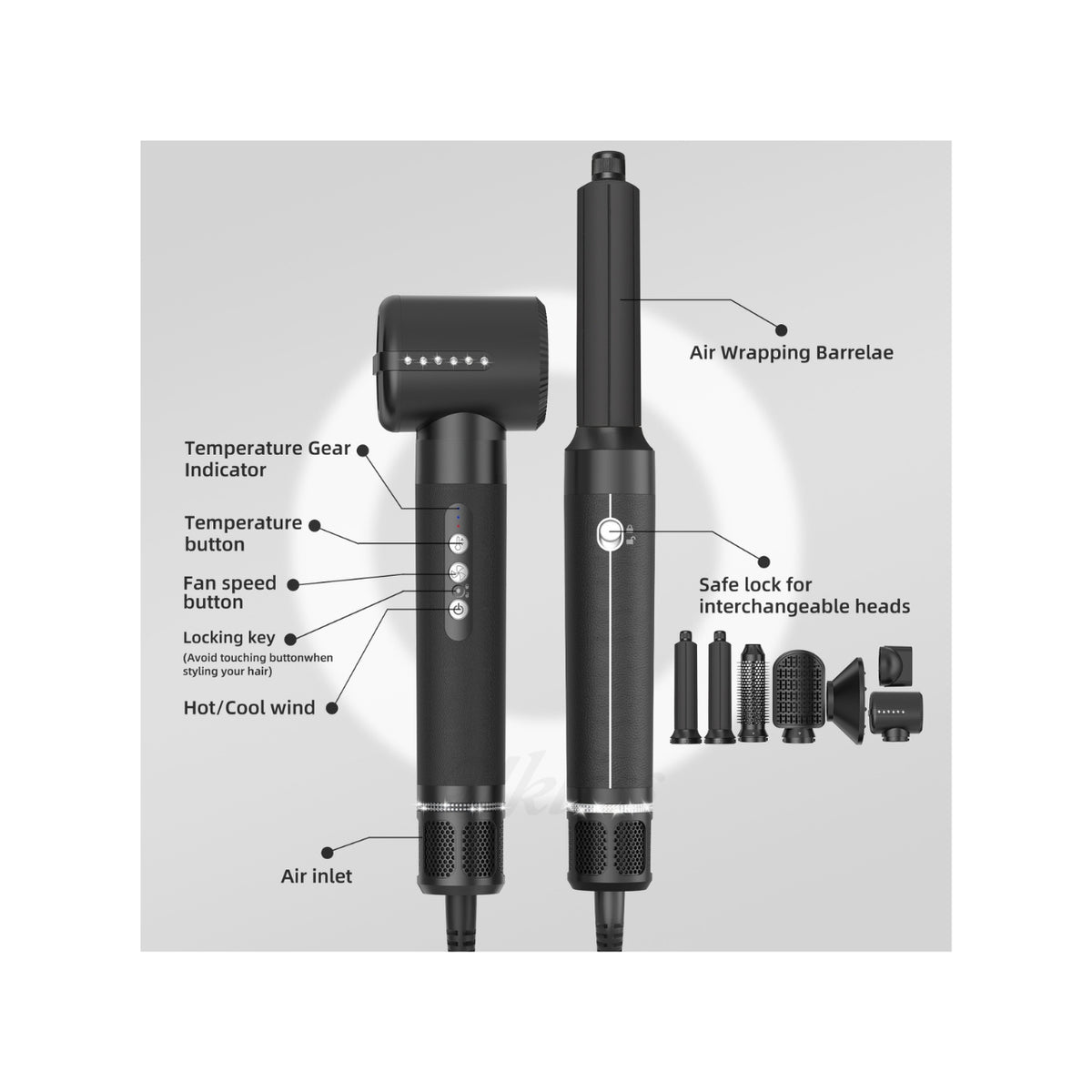 Multi-styler in black with interchangeable heads, shown features such as temperature indicator, fan speed knob, locking function and air intake, as well as a long curling barrel pendant.
