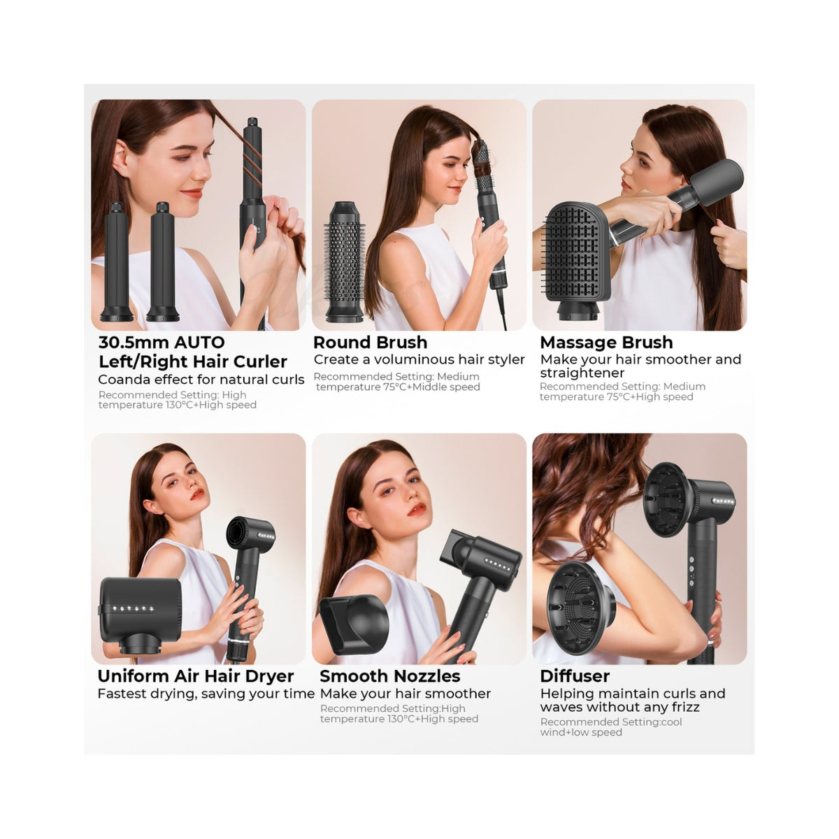 Overview of multistyler accessories with models demonstrating six different heads: automatic curler, round brush, massage brush, air dryer, straightening nozzles and diffuser for curls.