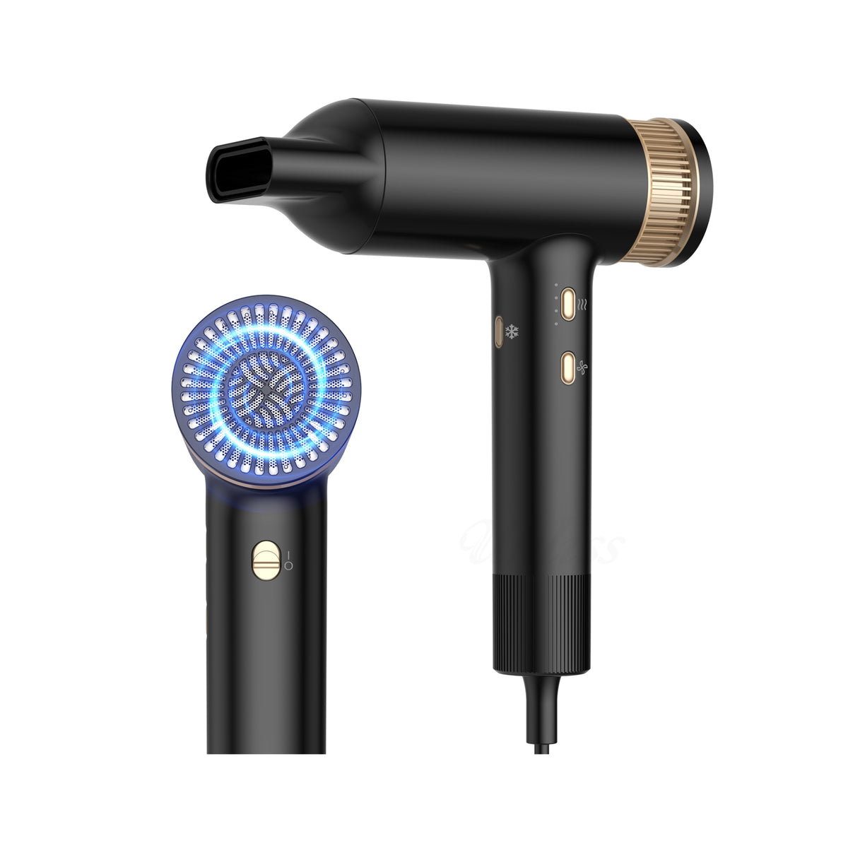 Professional ionic hair dryer in black with gold details and Blu-Ray ion technology for curly and straight hair.