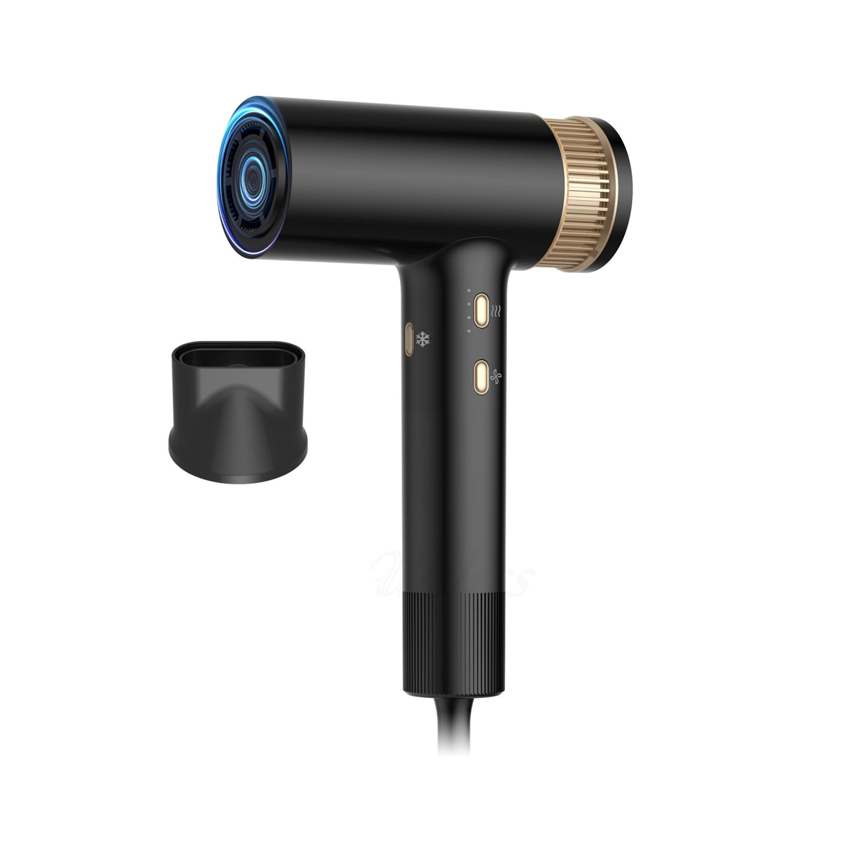 Professional ionic hair dryer with diffuser nozzle and temperature control.