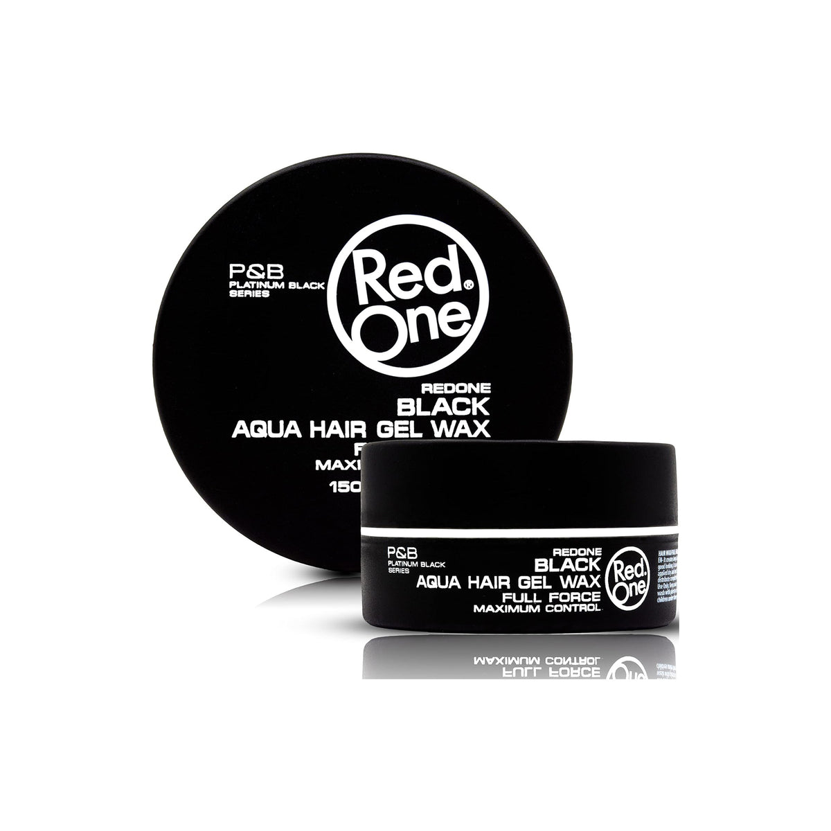 Black tin with Red One Aqua Hair Gel Wax Black 150ml from P&B Platinum Black Series, shown with lid and jar on white background.