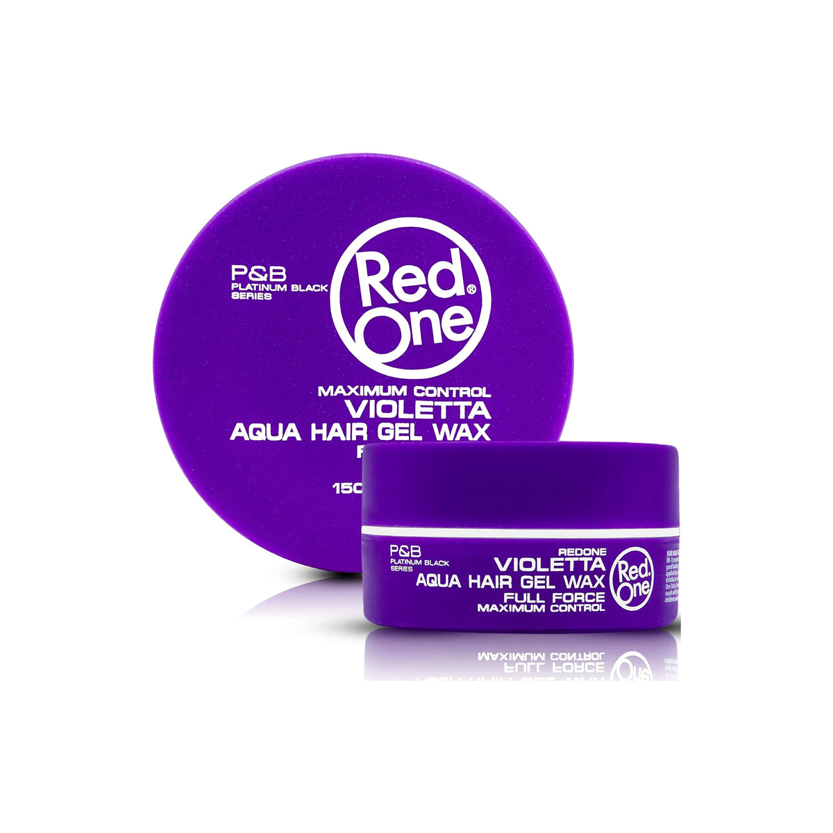 Purple tin with Red One Aqua Hair Gel Wax Violetta 150ml from P&B Platinum Black Series, shown with lid and jar on white background.