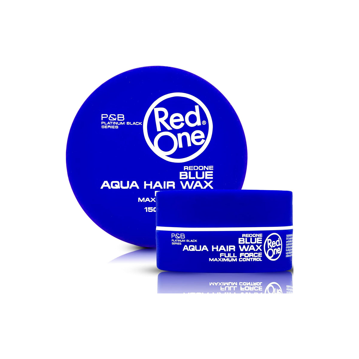 Blue tin with Red One Aqua Hair Wax Blue 150ml from P&B Platinum Black Series, shown with lid and jar on white background.