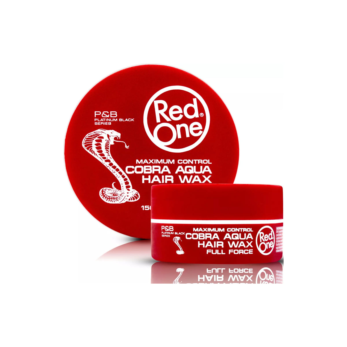 Red can of Red One Aqua Hair Wax Cobra 150ml from P&B Platinum Black Series, shown with lid and jar on white background.