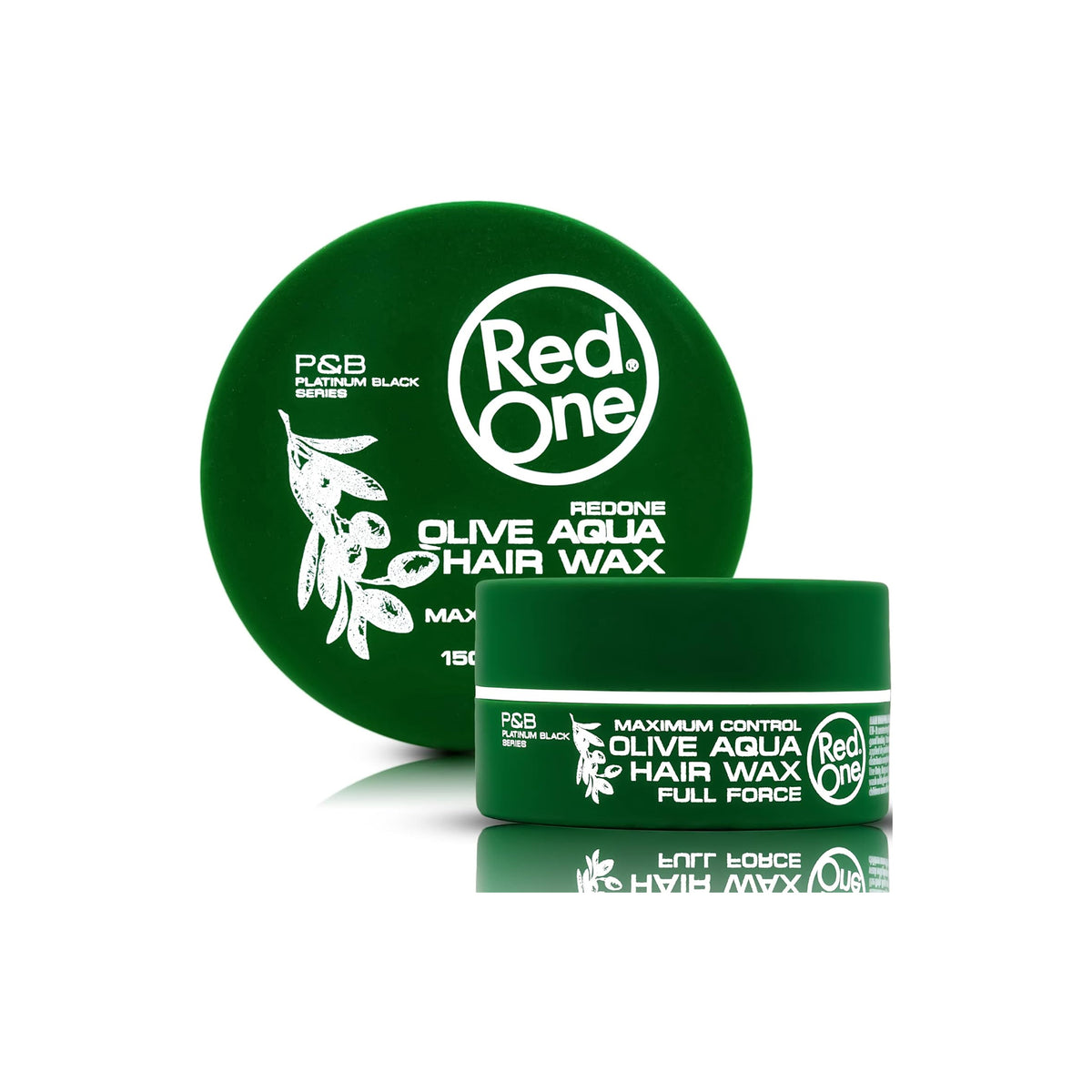 Dark green tin with Red One Aqua Hair Wax Olive 150ml from P&B Platinum Black Series, shown with lid and jar on white background.