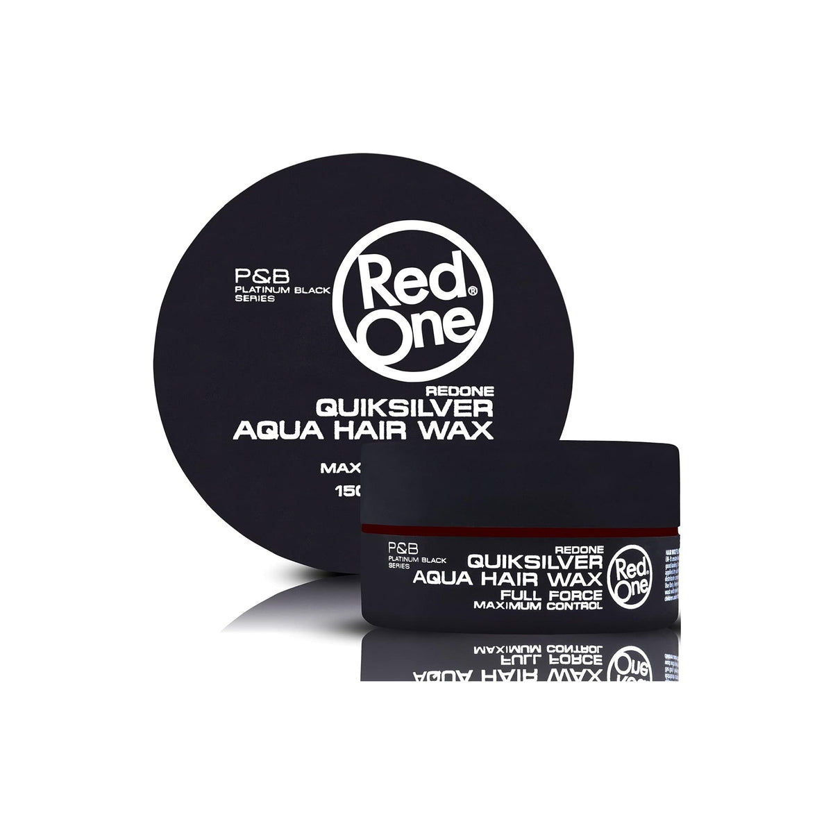 Black tin with Red One Aqua Hair Wax Quiksilver 150ml from P&B Platinum Black Series, shown with lid and jar on white background.