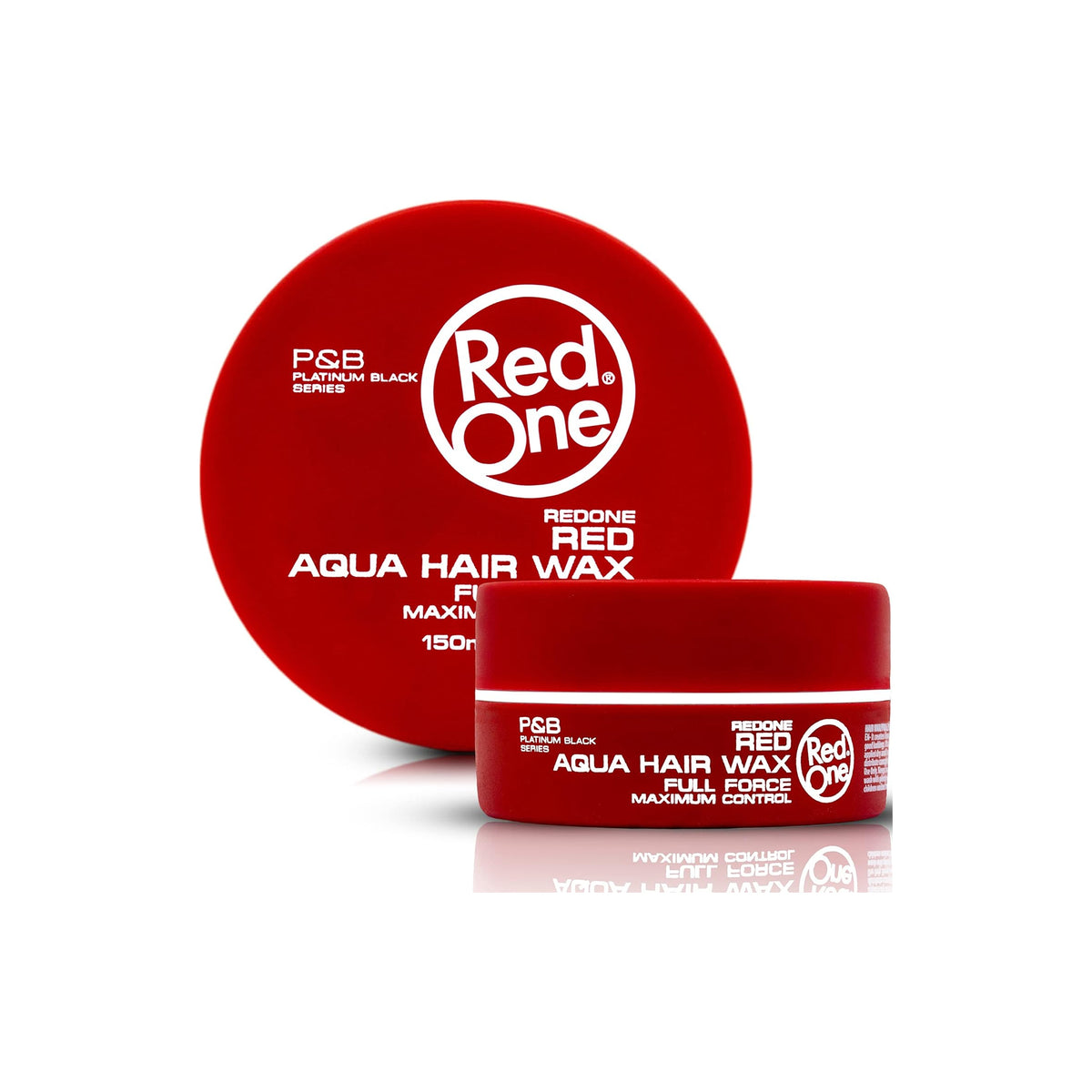 Red can of Red One Aqua Hair Wax Red 150ml from P&B Platinum Black Series, shown with lid and jar on white background.