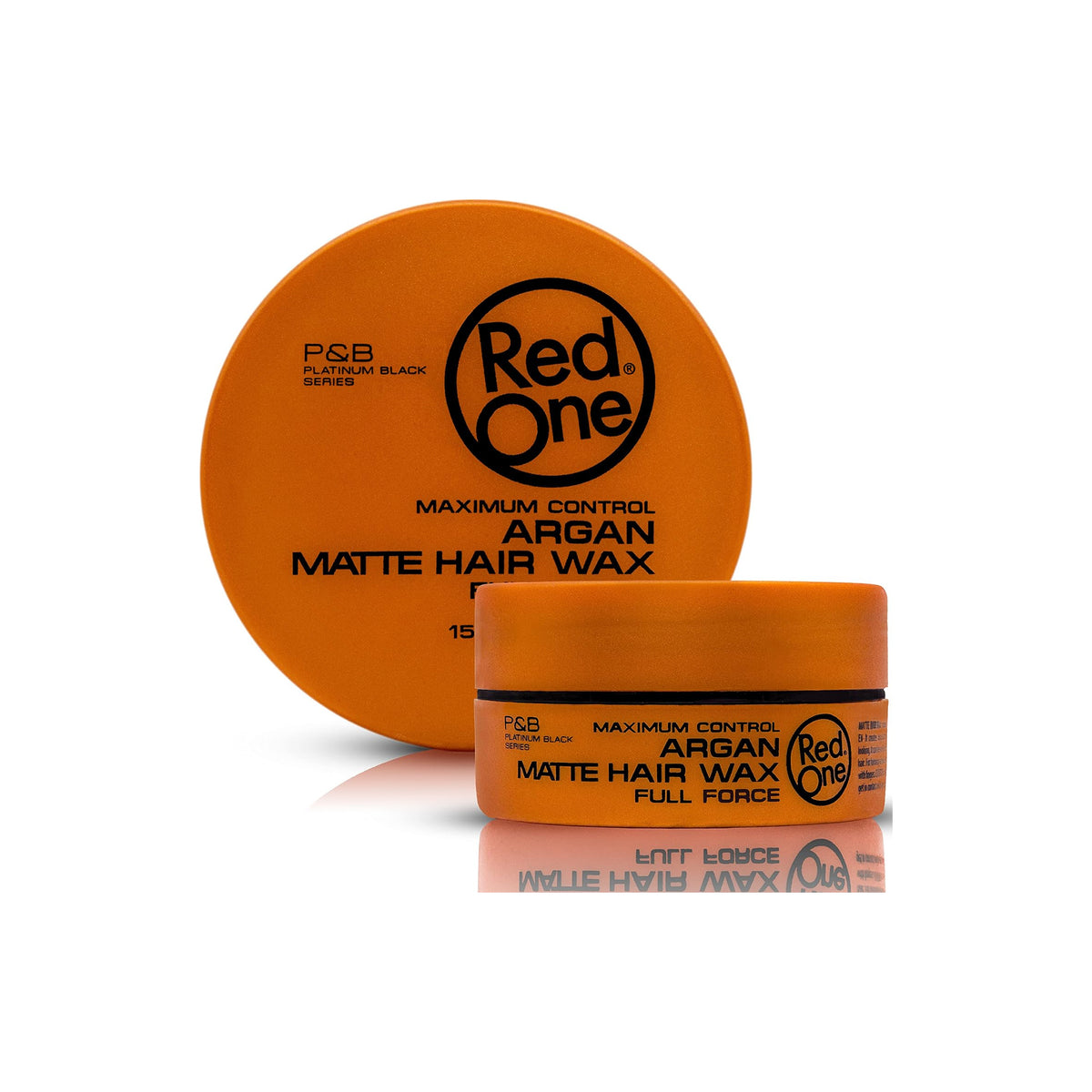 Orange tin with Red One Matte Hair Wax Argan 150ml from P&B Platinum Black Series, shown with lid and jar on white background.