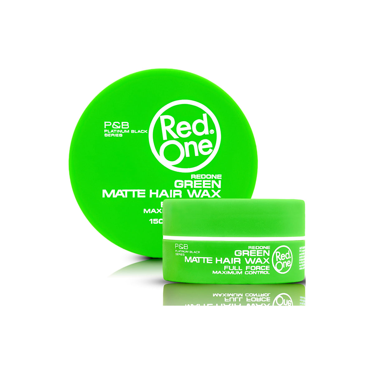 Green tin with Red One Matte Hair Wax Green 150ml from P&B Platinum Black Series, shown with lid and jar on white background.