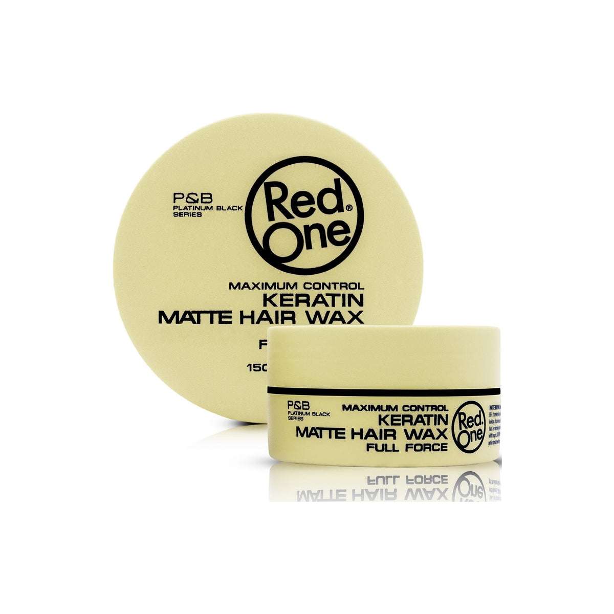 Beige tin with Red One Matte Hair Wax Keratin 150ml from P&B Platinum Black Series, shown with lid and jar on white background.
