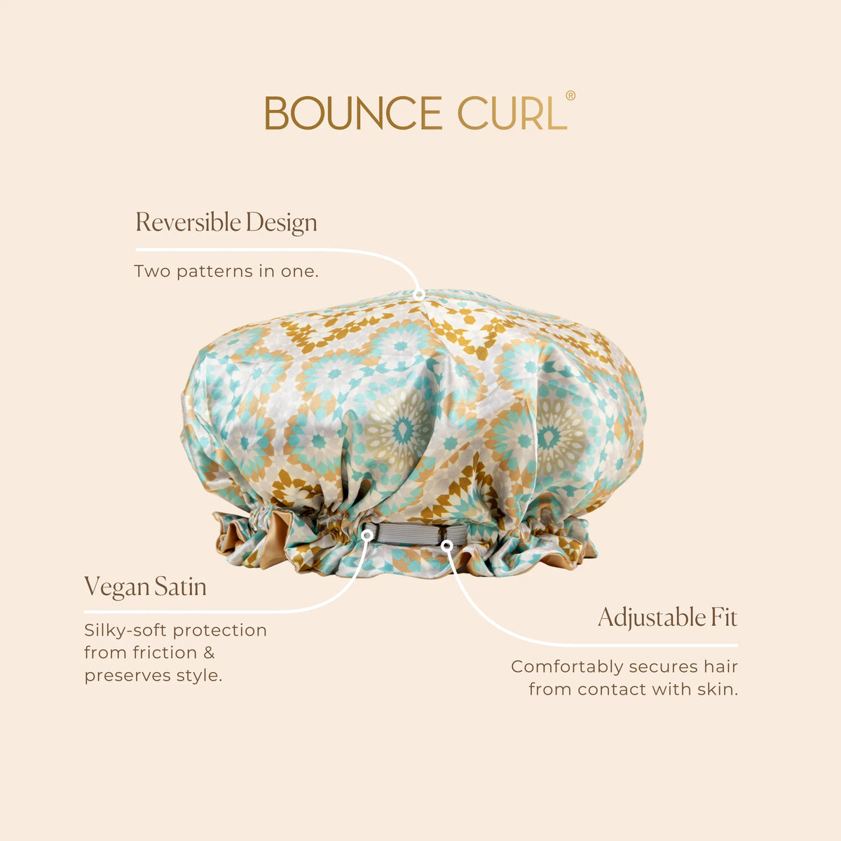 Bounce Curl Reversible Satin Hair Bonnet in colorful pattern with adjustable elastic and soft vegan satin for hair protection.