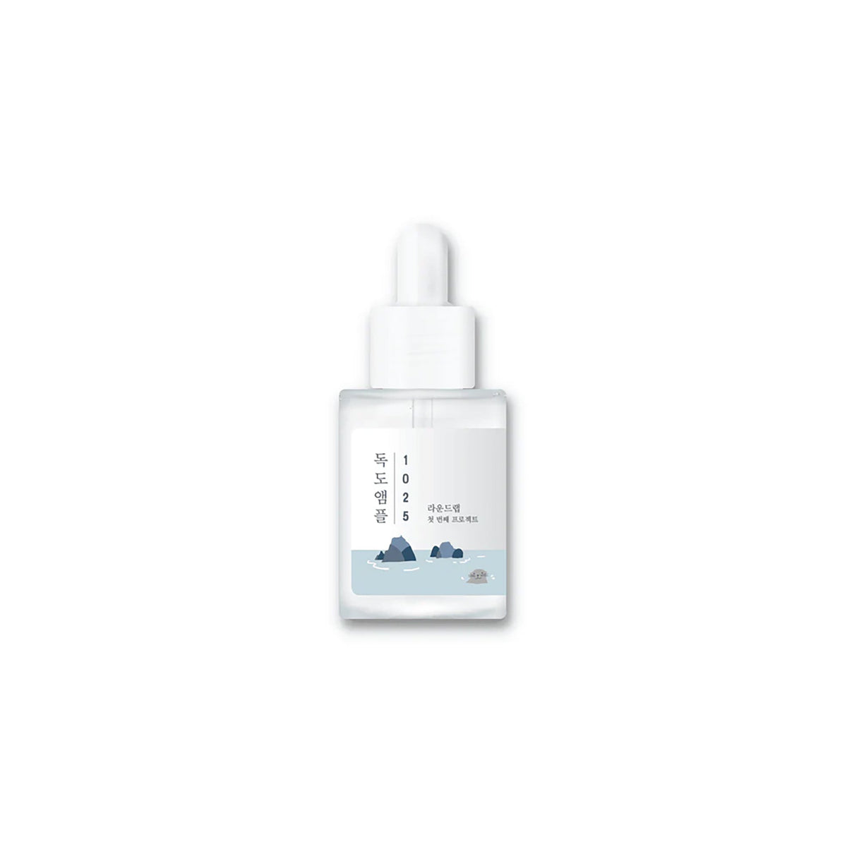Transparent bottle with TONYMOLY 1025 Dokdo Ampoule and dropper, decorated with minimalistic blue sea illustration.