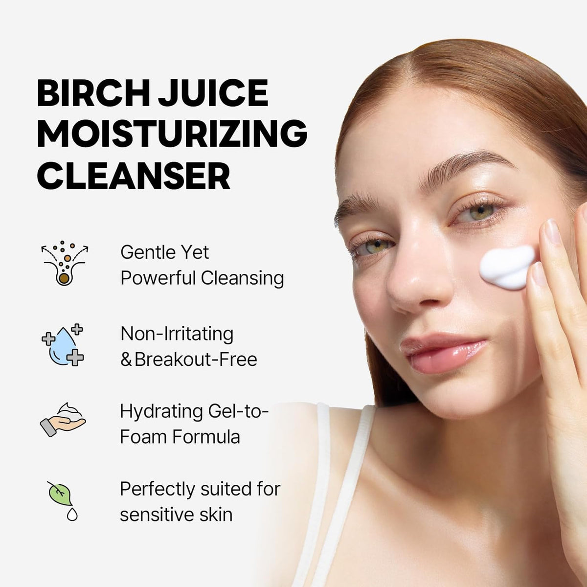 Woman with glowing skin applies Round Lab Birch Juice Moisturizing Cleanser, shown with the product's benefits for sensitive skin.