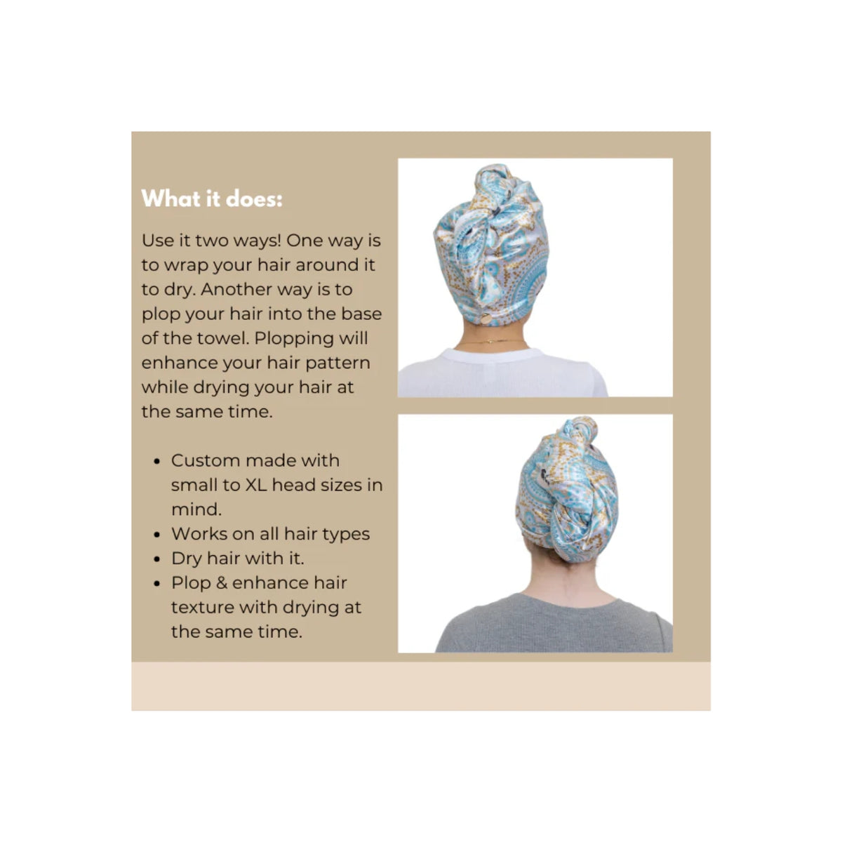 Woman with updo wearing Bounce Curl Satin Microfiber Turban in blue-gold pattern, seen from behind.