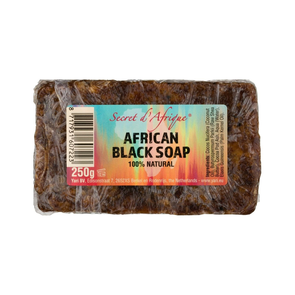 Secret d'Afrique African Black Soap, 250g, dark brown soap bar with colorful label in packaging.