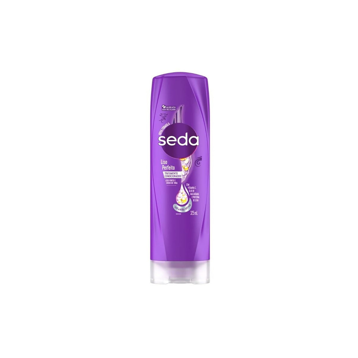 Purple bottle of Sedal Perfect Straight Conditioner 350ml, with transparent lid and colorful design, standing on white background.
