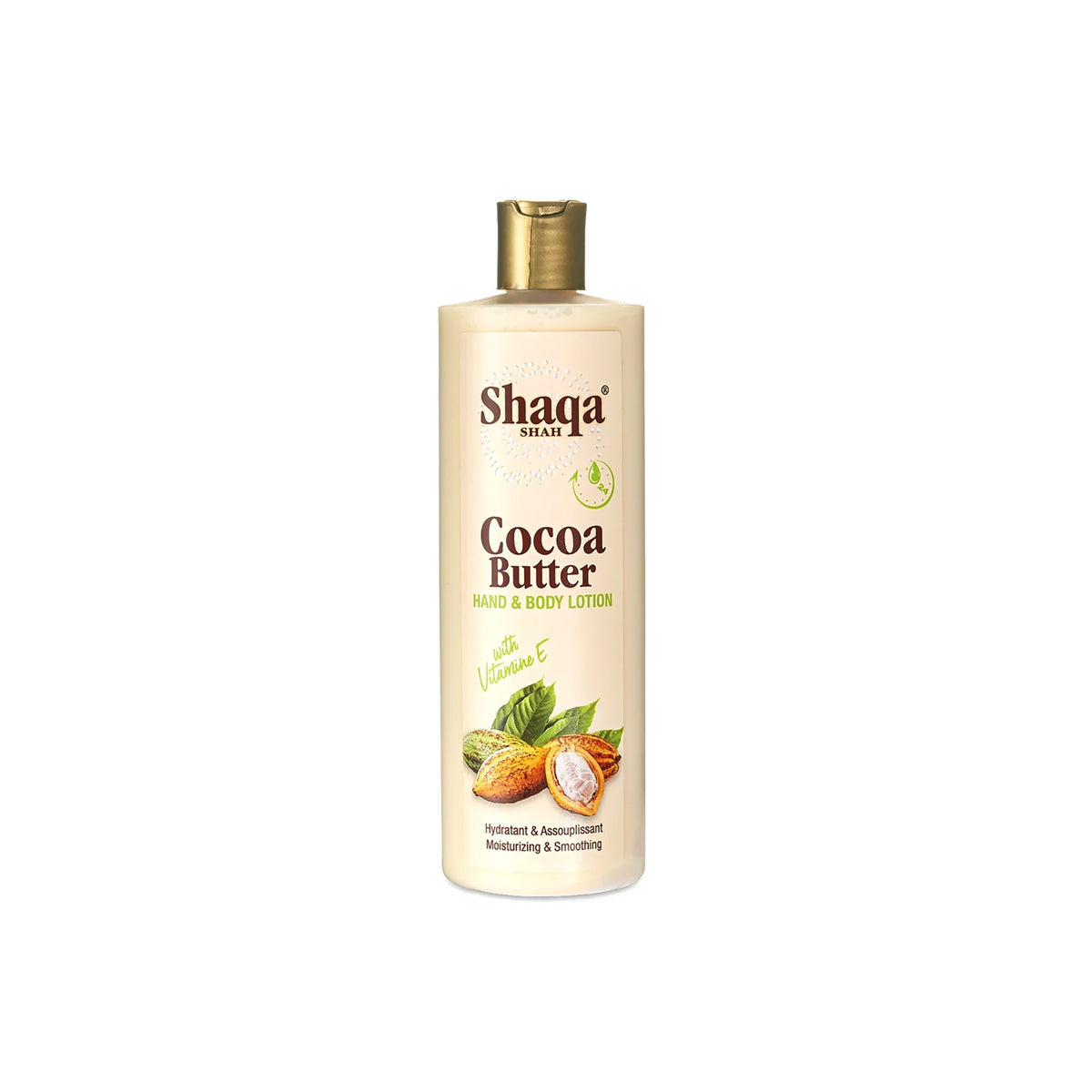 Shaqa Shah Cocoa Butter Hand & Body Lotion, 1000ml. A large white bottle with a yellow pump containing a moisturizing body lotion with cocoa butter and vitamin E.