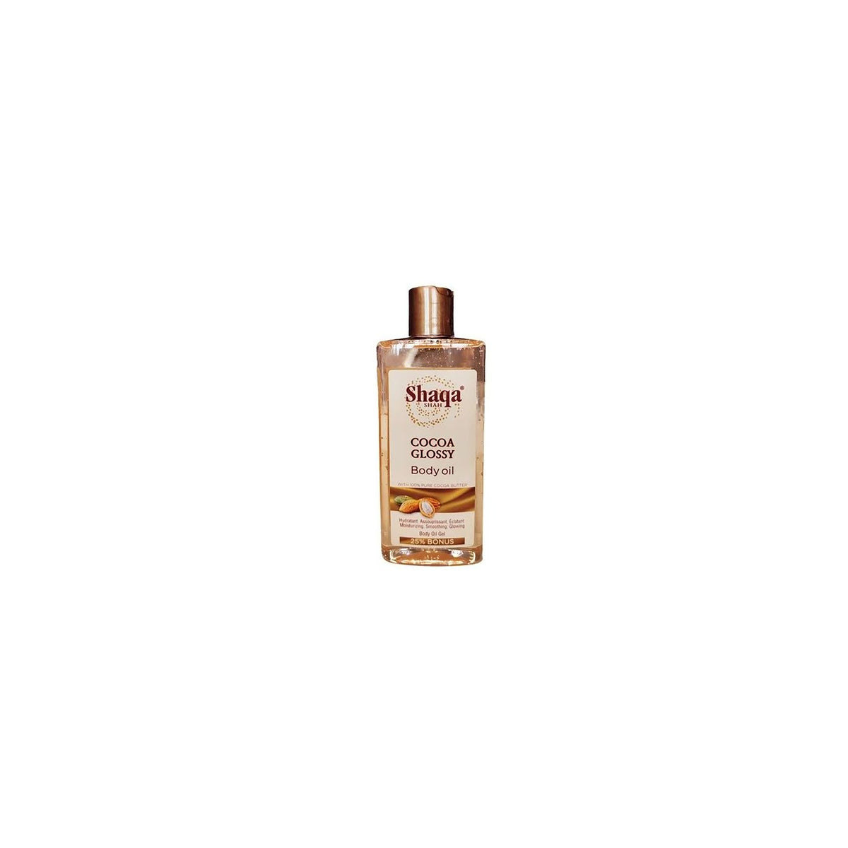 Product image of Shaqa Cocoa Glossy Body Oil, 250ml. A brown plastic bottle with a gold cap containing body oil. The bottle stands on a white background.