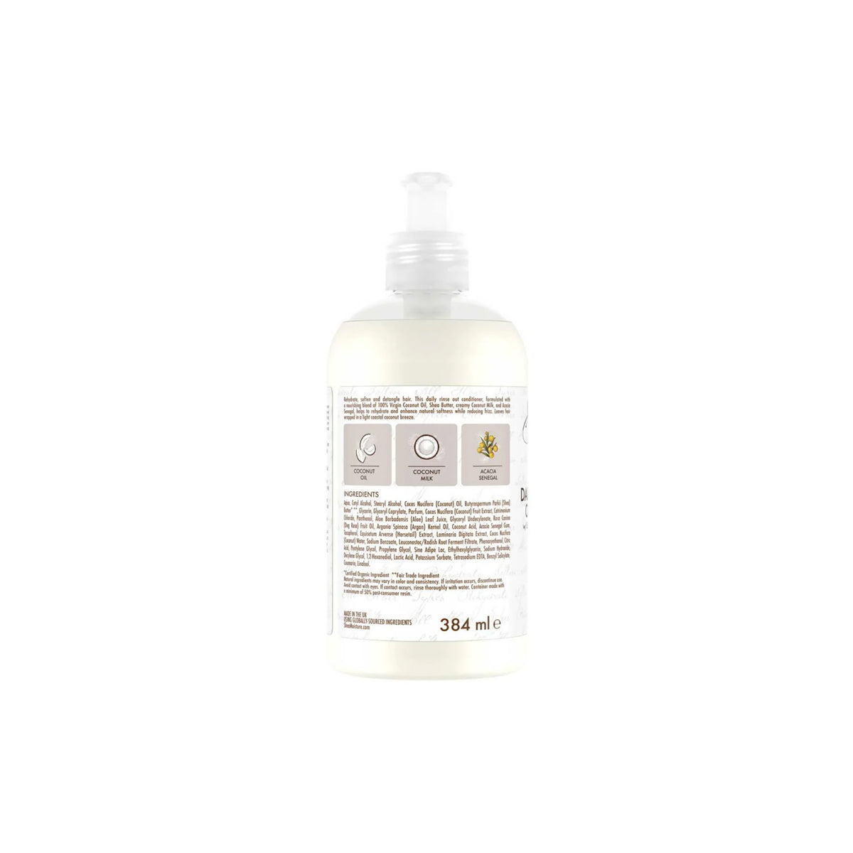 Back of a 384ml pump bottle of Shea Moisture 100% Virgin Coconut Oil Daily Hydration Conditioner. The label lists ingredients including coconut oil and describes the product as a conditioner with a fresh coconut scent.
