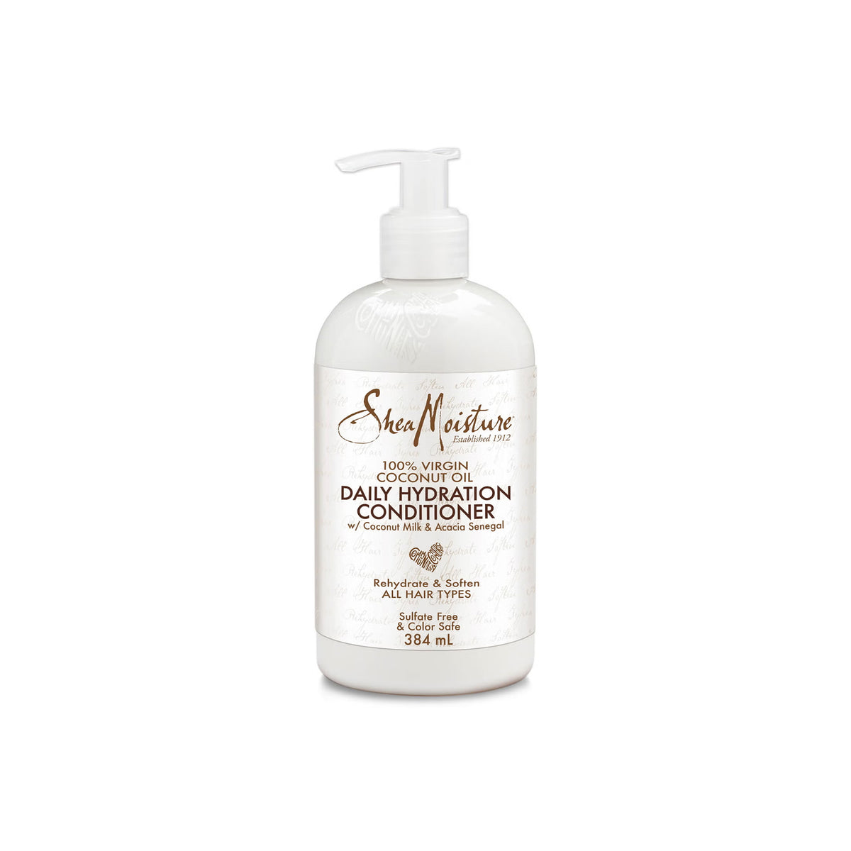 A white pump bottle with a pink label. The product is Shea Moisture 100% Virgin Coconut Oil Daily Hydration Conditioner, 384ml. The conditioner is sulphate-free and colour-protecting, and it is suitable for all hair types.