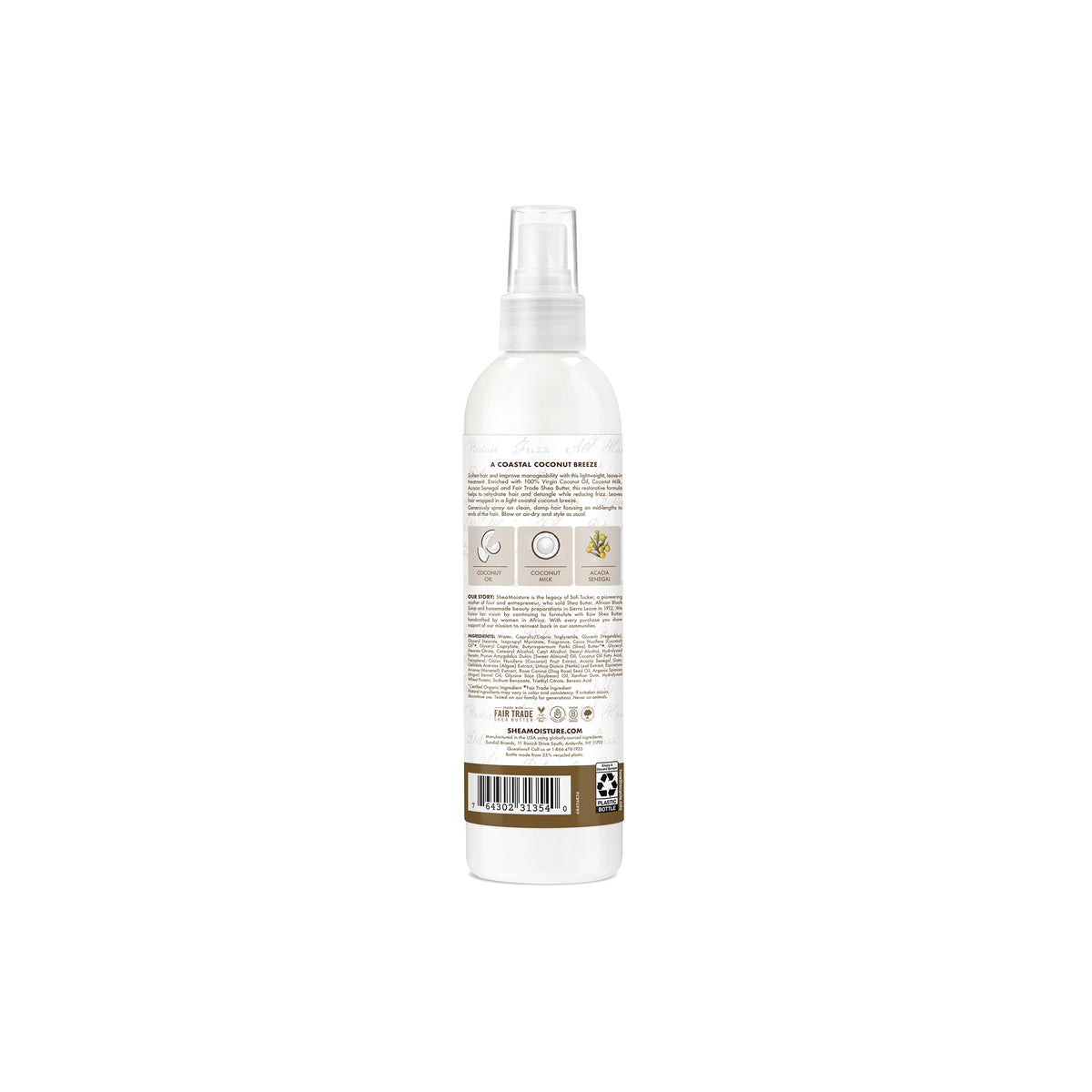 Back of Shea Moisture 100% Virgin Coconut Oil Daily Hydration Leave-In Treatment, 237ml. Contains information on ingredients, fragrance (A Coastal Coconut Breeze) and product benefits.