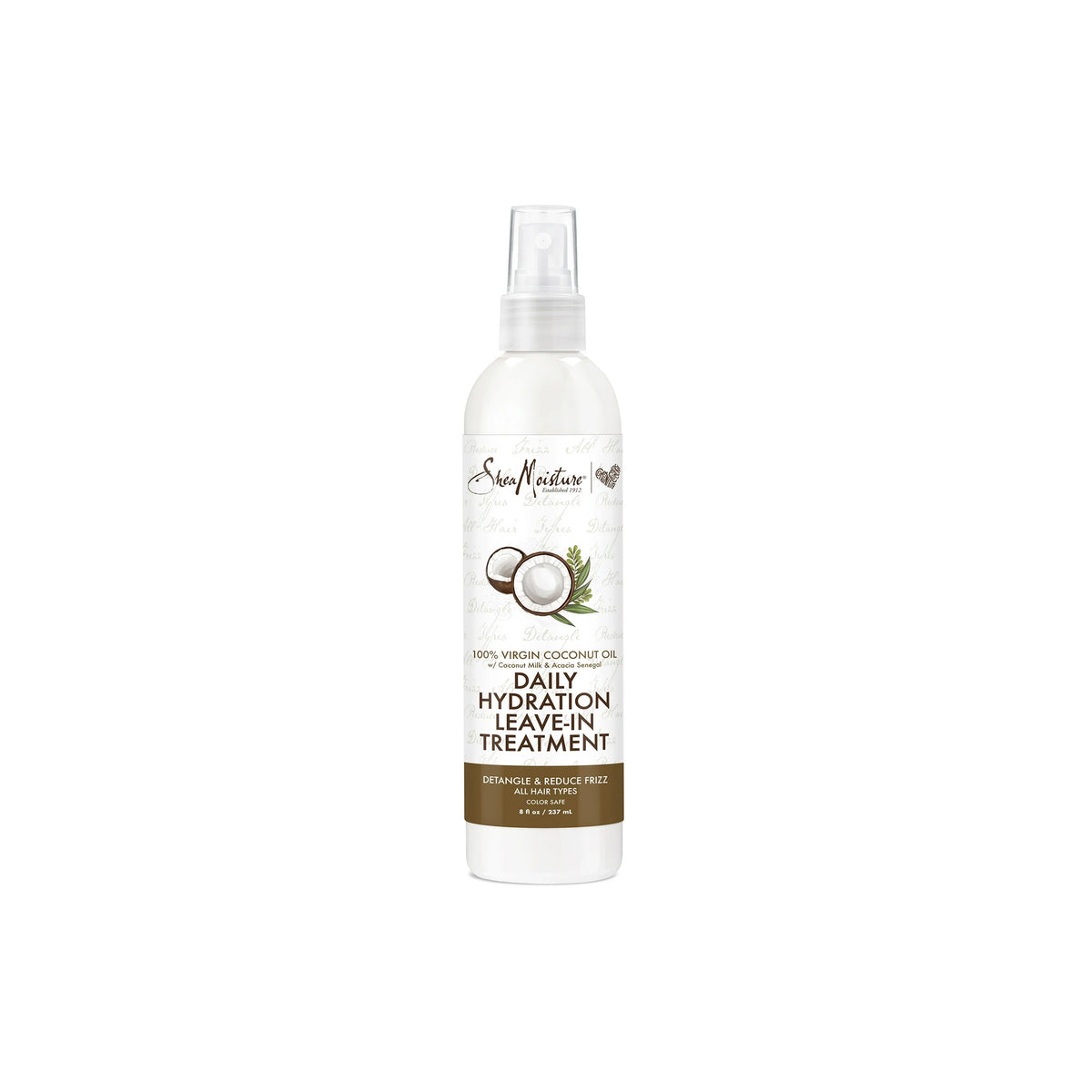 A spray bottle with a white label. The product is Shea Moisture 100% Virgin Coconut Oil Daily Hydration Leave-In Treatment, 237ml. Leave-in conditioner to detangle and reduce frizz in the hair.