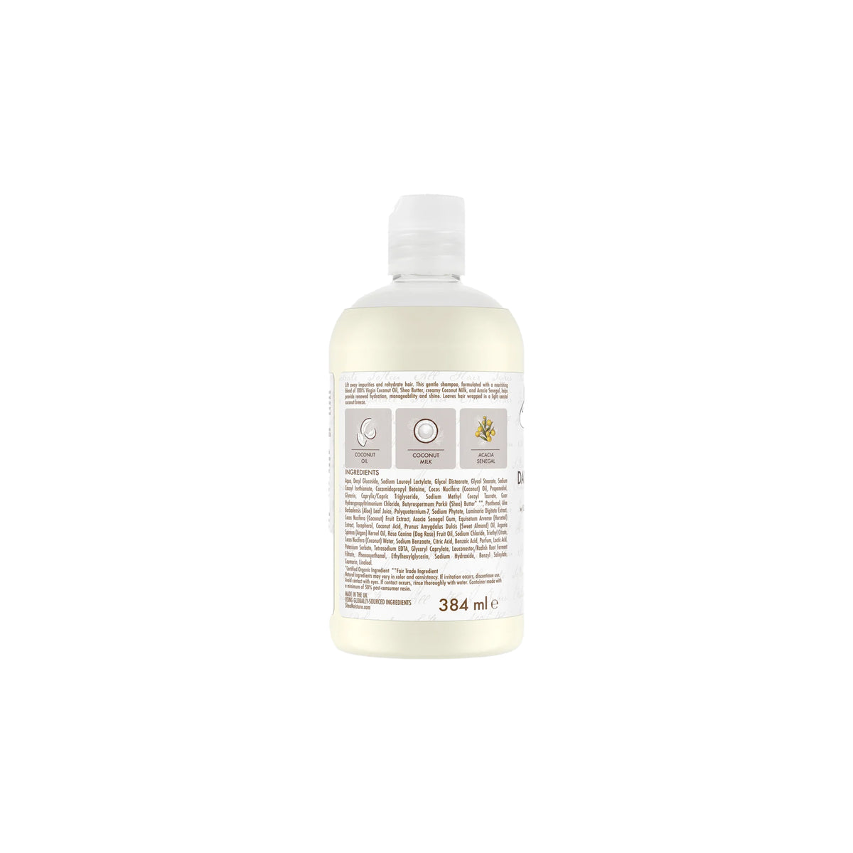 Back of a 384ml bottle of Shea Moisture 100% Virgin Coconut Oil Daily Hydration Shampoo. The label lists ingredients including coconut oil, coconut milk and acacia gum and describes the product as nourishing and moisturizing.