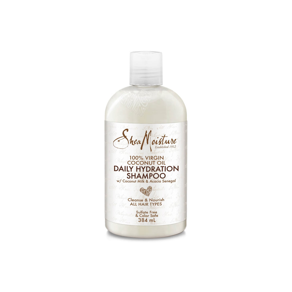 A white plastic bottle with a white label. The product is Shea Moisture 100% Virgin Coconut Oil Daily Hydration Shampoo, 384ml. The shampoo is sulphate-free and colour-protecting, and it is suitable for all hair types.