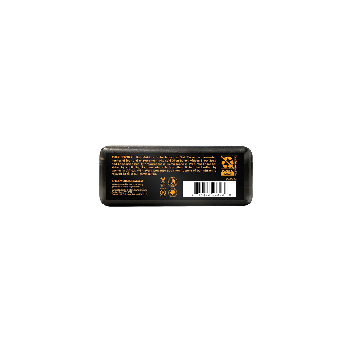 The back of a Shea Moisture African Black Soap. Contains information about the product, ingredients and company history.