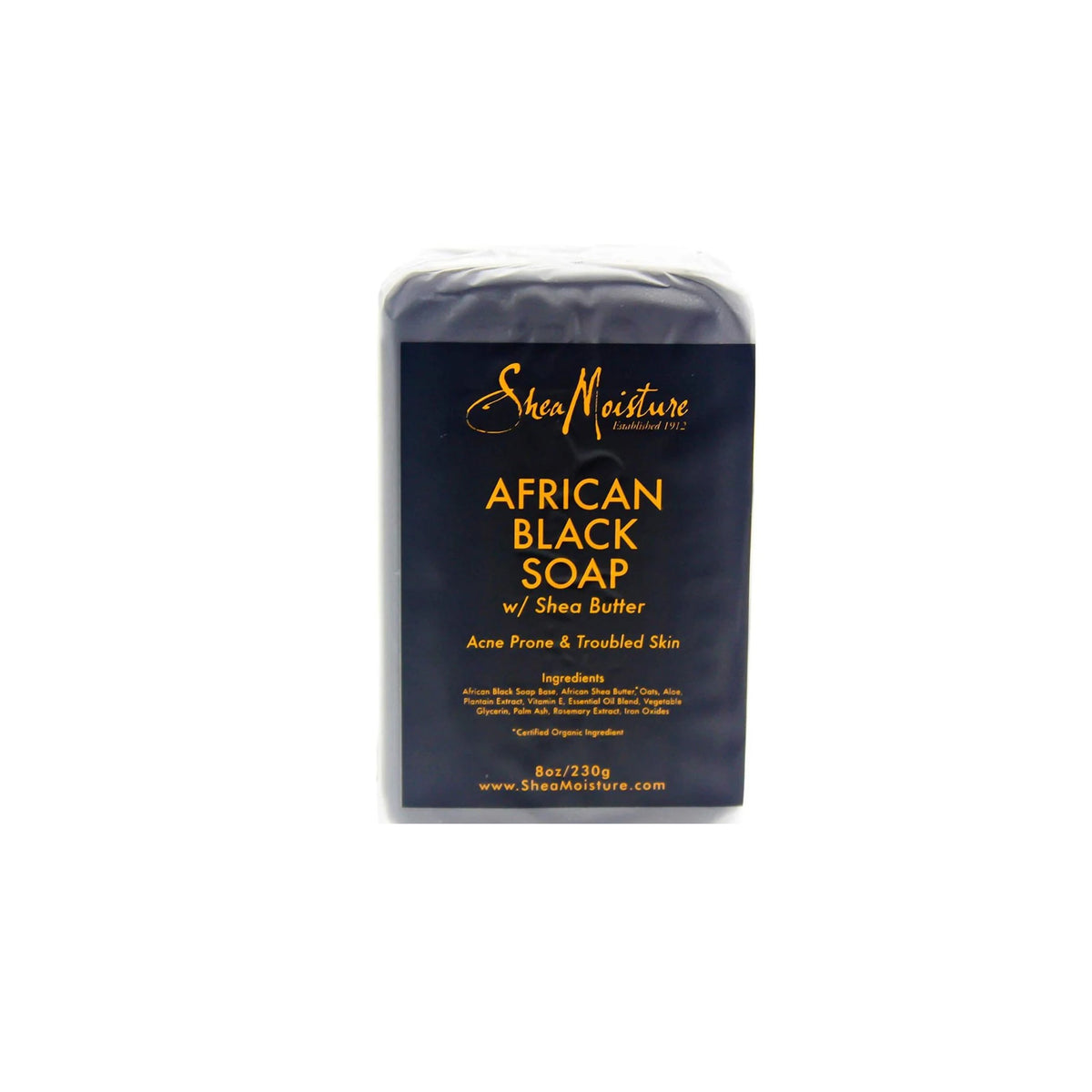Shea Moisture African Black Soap, 230g. Black soap in packaging, suitable for impure skin.