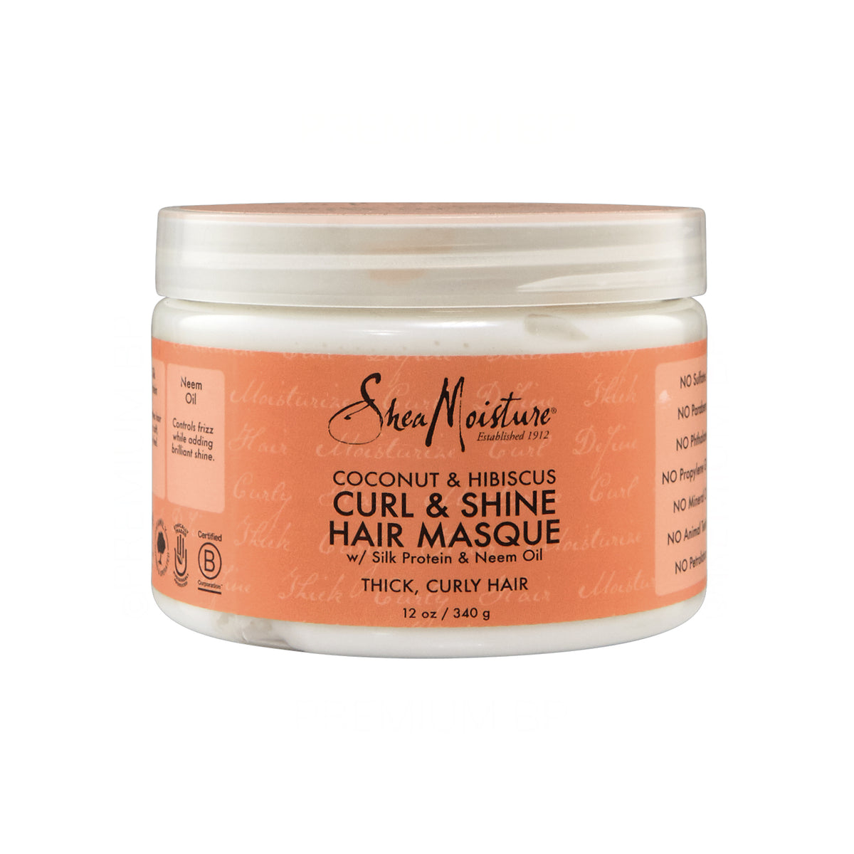 White plastic container with white lid containing Shea Moisture Coconut & Hibiscus Curl & Shine Hair Masque (340 g). The label is beige/pink with black and red text.