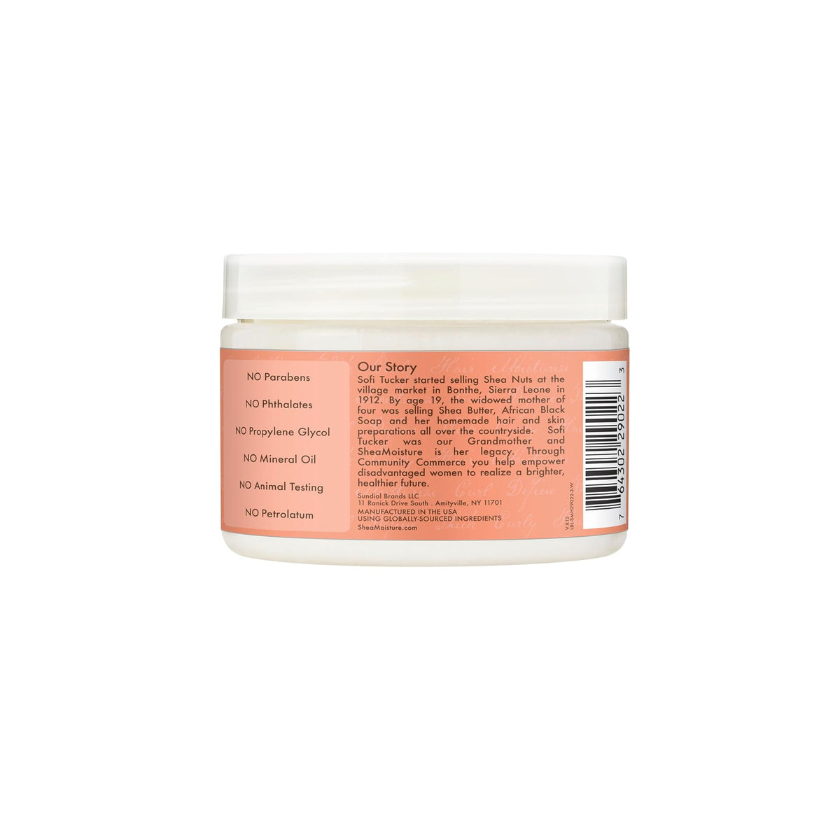 The back of Shea Moisture Coconut & Hibiscus Curl Enhancing Smoothie (340g) showing information about ingredients not in the product, brand history and contact information.