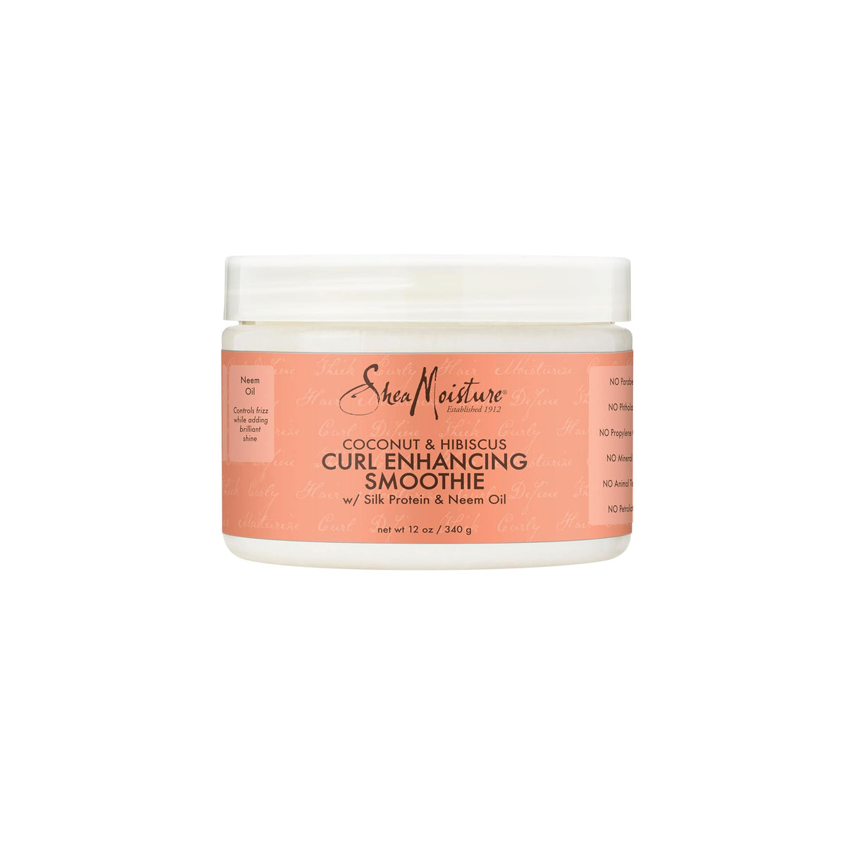 White plastic can with white lid containing Shea Moisture Coconut & Hibiscus Curl Enhancing Smoothie (340 g). The label is beige/pink with black and red text.