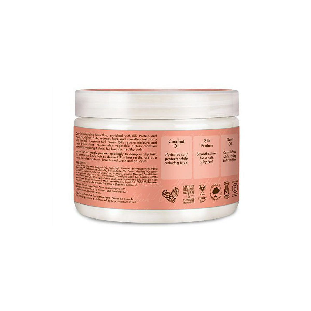 Back of Shea Moisture Coconut & Hibiscus Curl Enhancing Smoothie (454g) with ingredient list and directions for use.