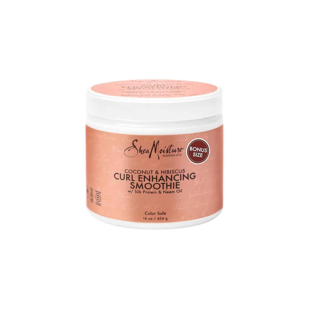 Shea Moisture Coconut & Hibiscus Curl Enhancing Smoothie (454g). The label is beige/pink with black and red text. A red circle with the text "BONUS SIZE" is also visible.