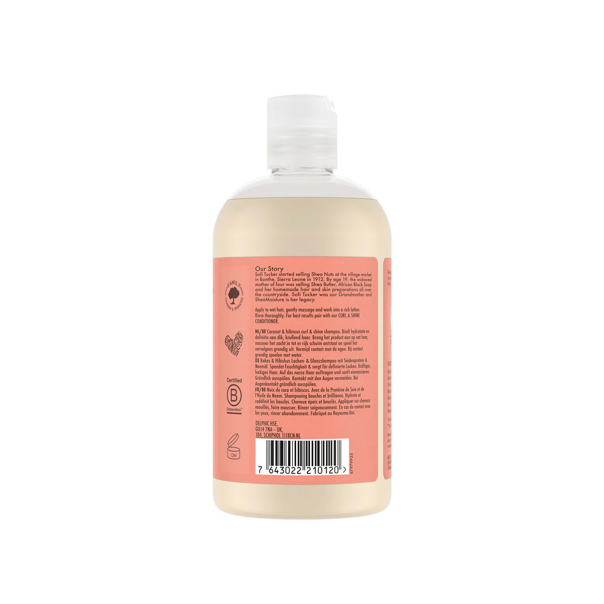 The back of a transparent bottle of Shea Moisture Coconut & Hibiscus Curl & Shine Conditioner (384 ml) showing the history of the brand, instructions for use, multilingual product description and certifications.