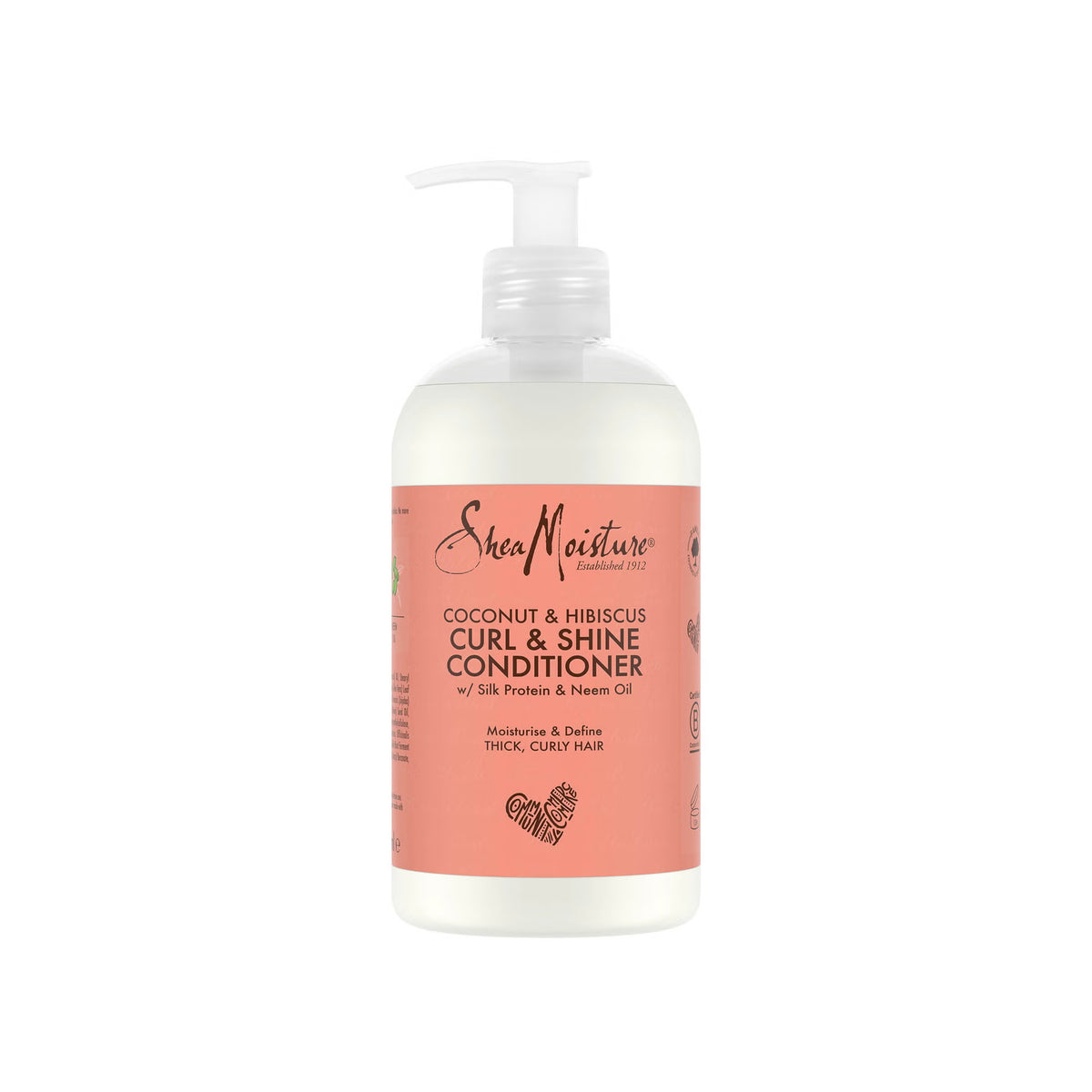 Clear bottle with white pump containing Shea Moisture Coconut & Hibiscus Curl & Shine Conditioner (384 ml). The label is beige/pink with black and red text.