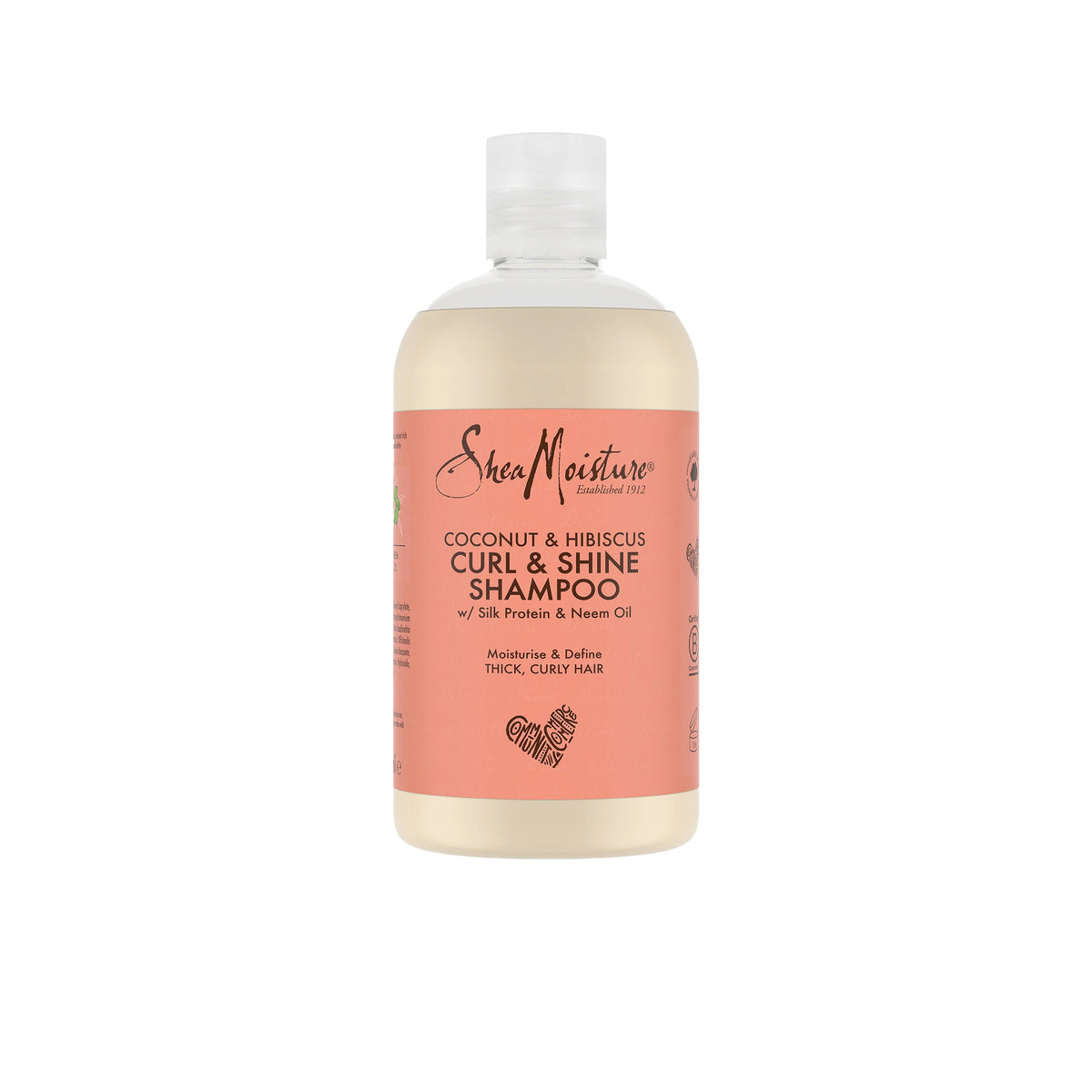 Shea Moisture Coconut & Hibiscus Curl & Shine Shampoo 384ml. Shampoo for thick, curly hair with coconut, hibiscus, silk protein and neem oil.