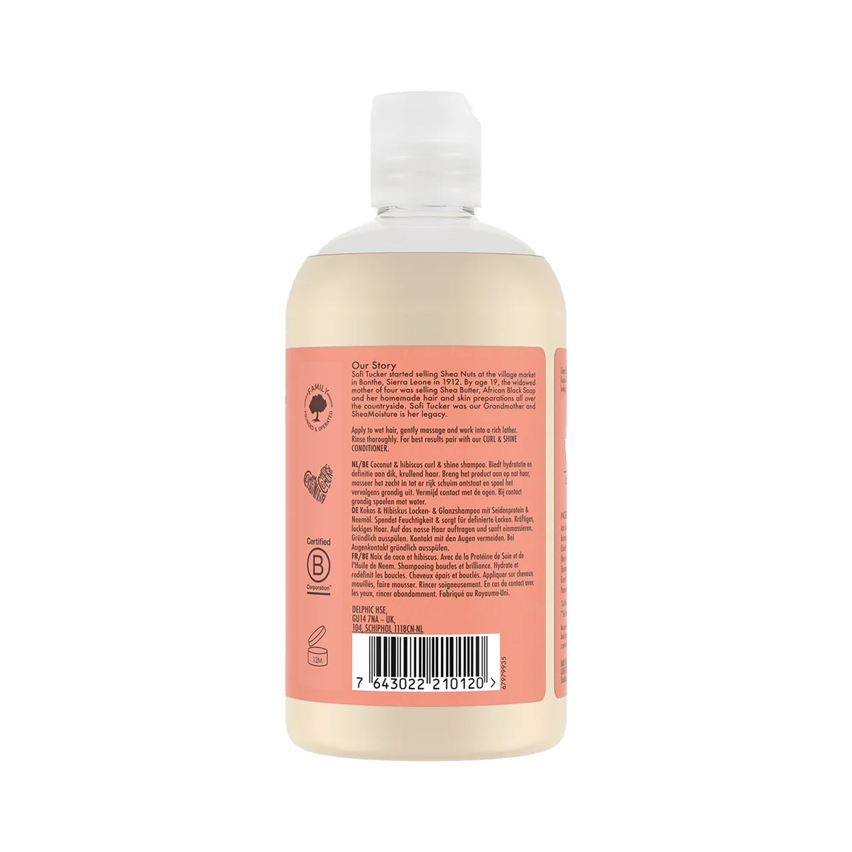 Shea Moisture Coconut & Hibiscus Curl & Shine Shampoo 384ml seen from behind with product description and ingredient list.