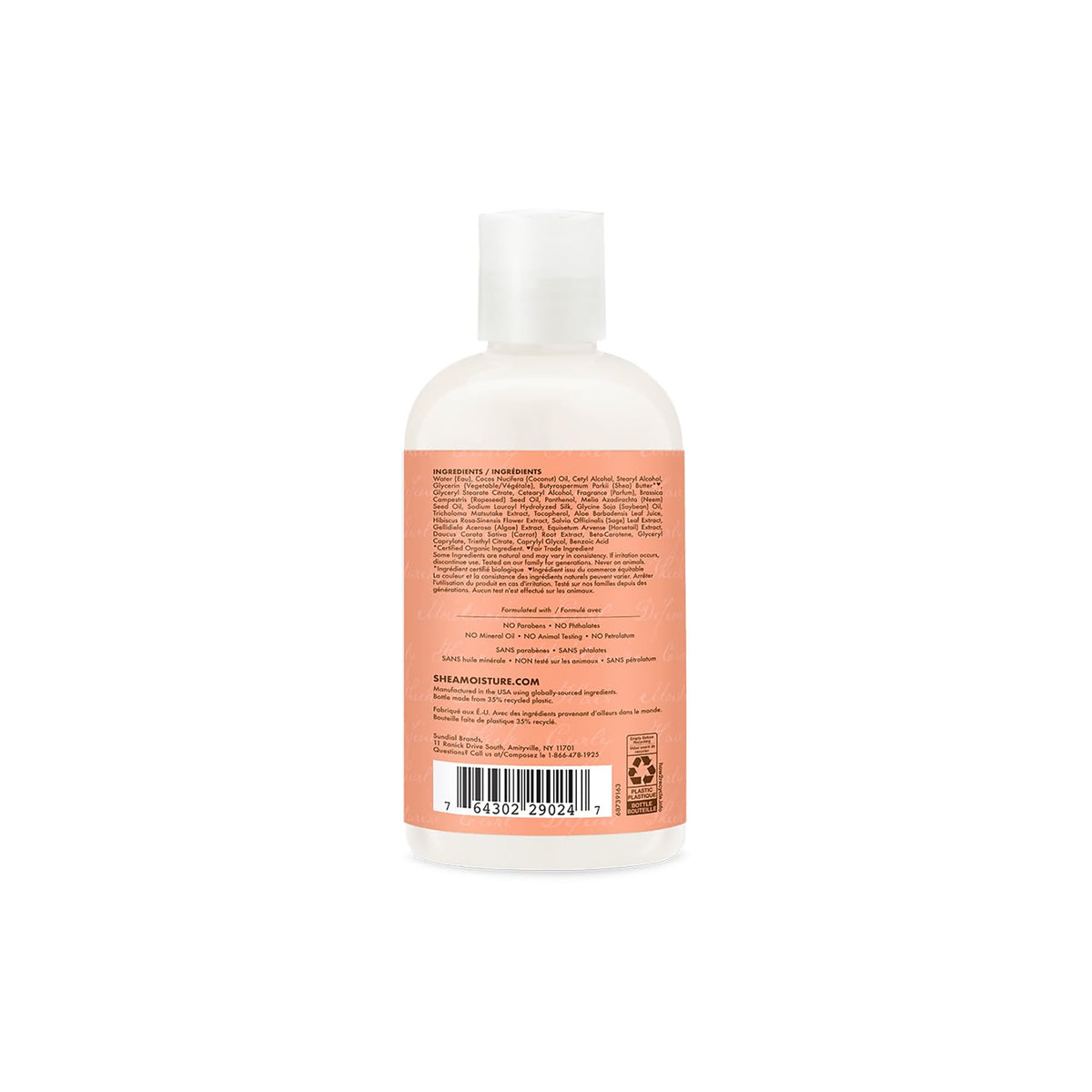 White bottle with white cap showing the back with the label of Shea Moisture Coconut & Hibiscus Curl & Style Milk (237 ml). The label contains a detailed list of ingredients.