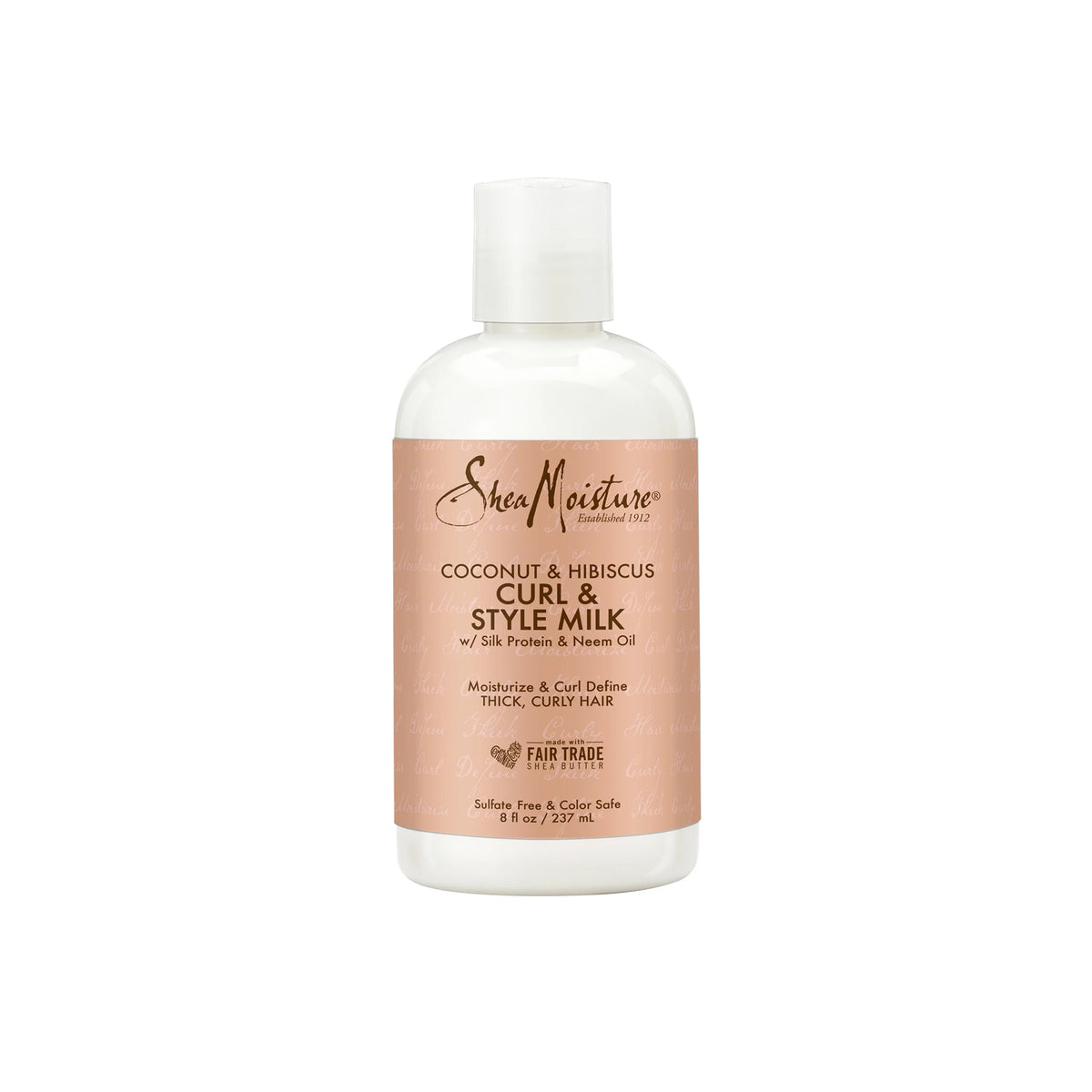 White bottle with white cap containing Shea Moisture Coconut & Hibiscus Curl & Style Milk (237 ml). The label is beige/pink with black and red text.